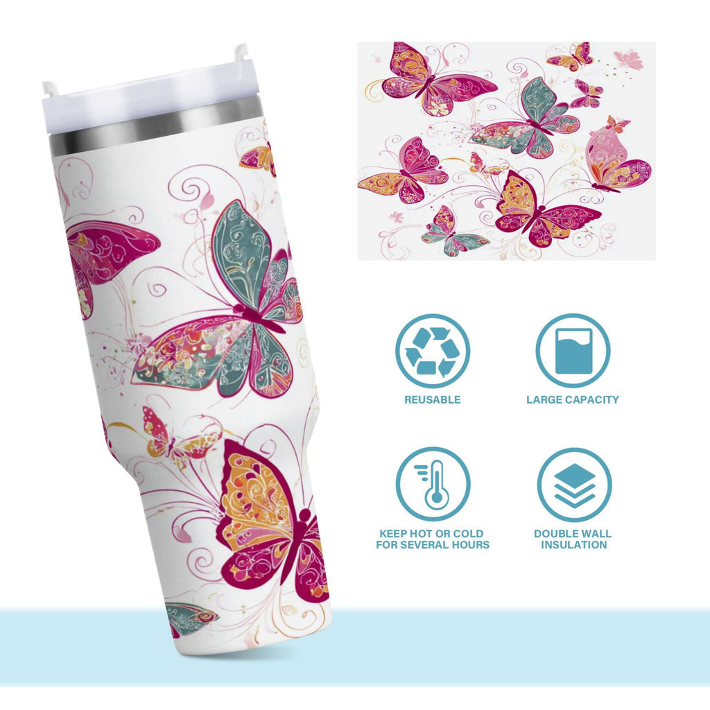 30 oz Insulated Stainless Steel Tumbler Double Wall Stainless Steel Tumbler with 2-Way Drinking Colorful Butterflies M605P