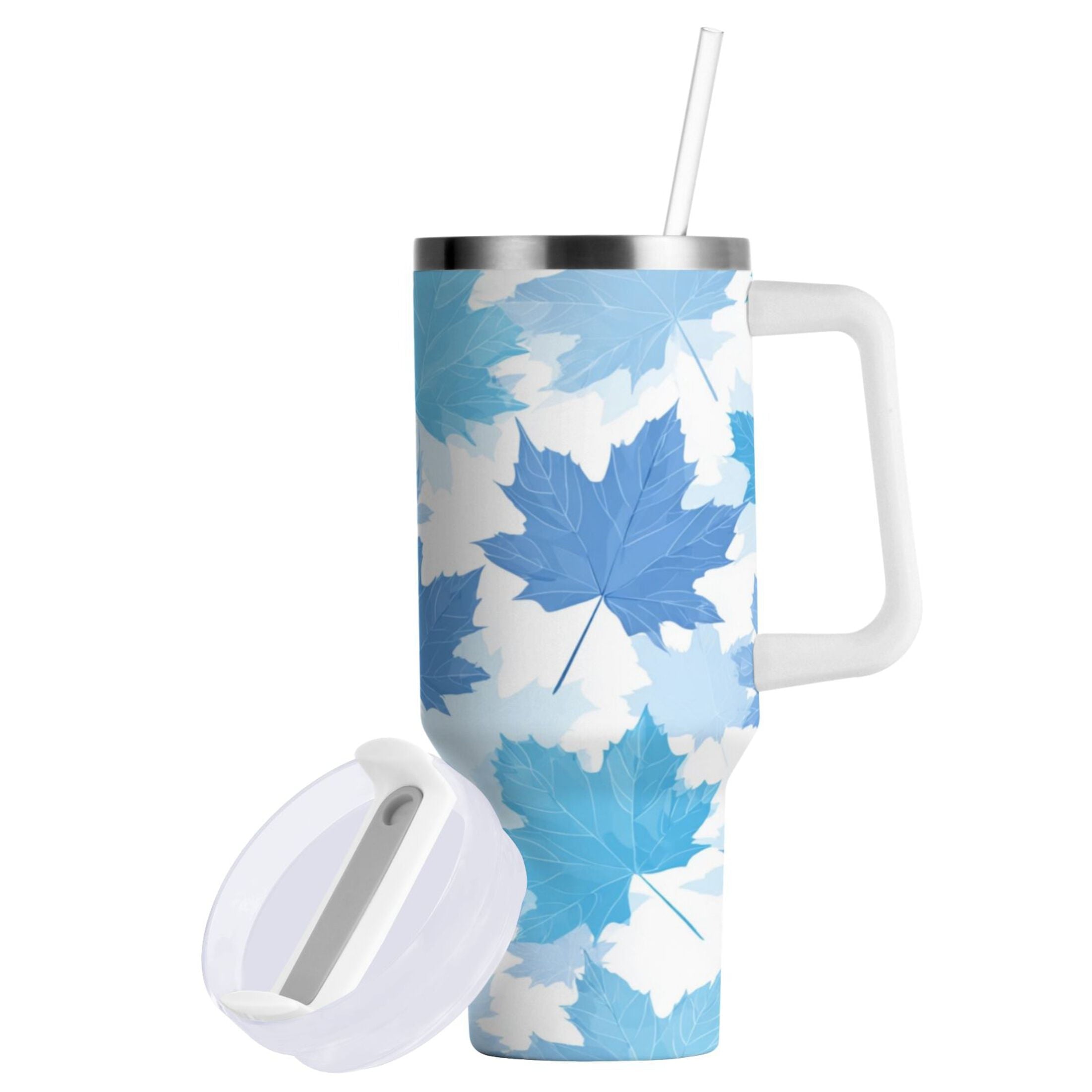 30 oz Insulated Stainless Steel Tumbler Double Wall Stainless Steel Tumbler with 2-Way Drinking Light Blue Maple Leaves M461C