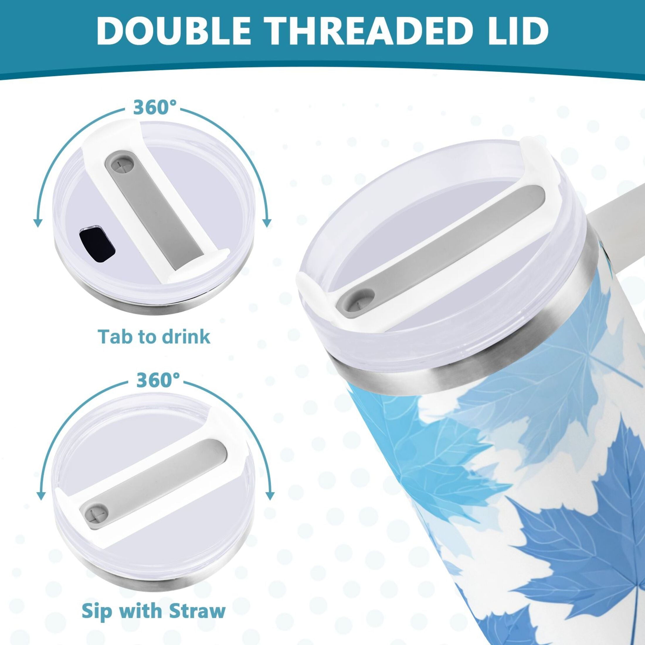 30 oz Insulated Stainless Steel Tumbler Double Wall Stainless Steel Tumbler with 2-Way Drinking Light Blue Maple Leaves M461C