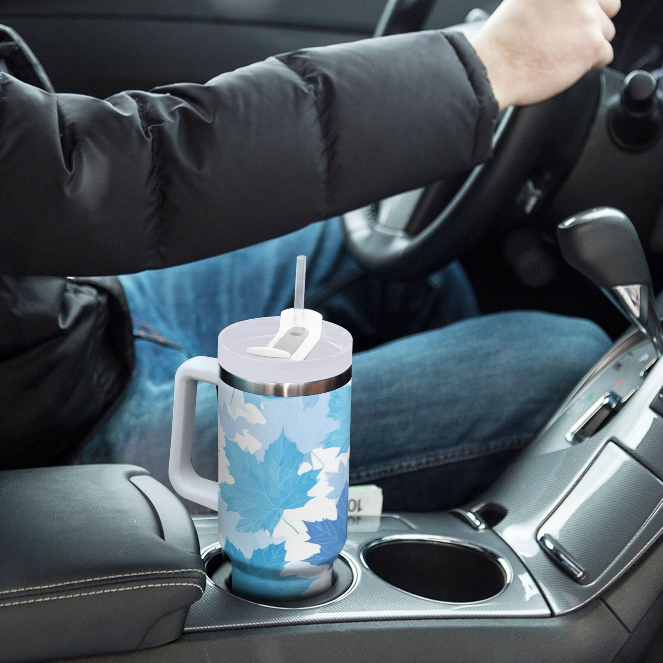 30 oz Insulated Stainless Steel Tumbler Double Wall Stainless Steel Tumbler with 2-Way Drinking Light Blue Maple Leaves M461C
