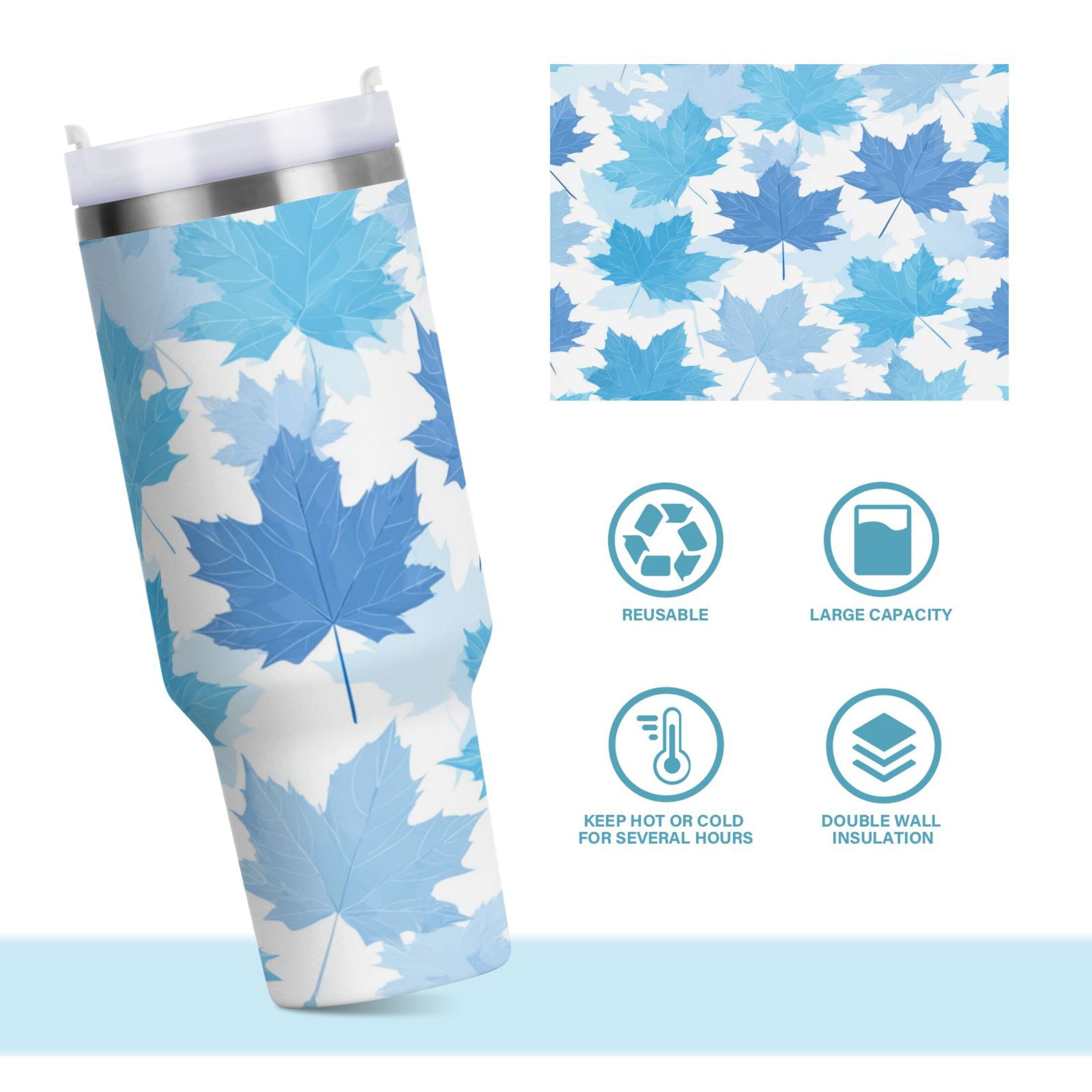 30 oz Insulated Stainless Steel Tumbler Double Wall Stainless Steel Tumbler with 2-Way Drinking Light Blue Maple Leaves M461C
