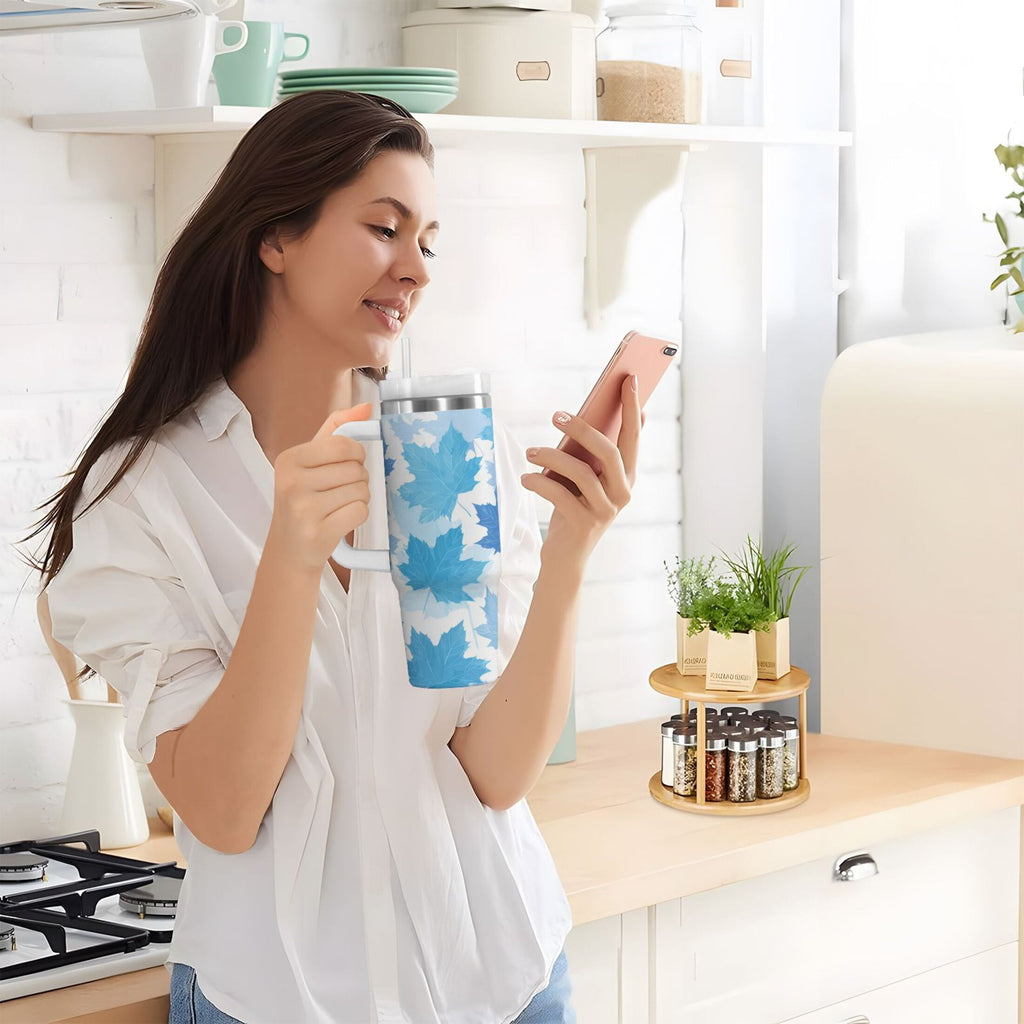 30 oz Insulated Stainless Steel Tumbler Double Wall Stainless Steel Tumbler with 2-Way Drinking Light Blue Maple Leaves M461C