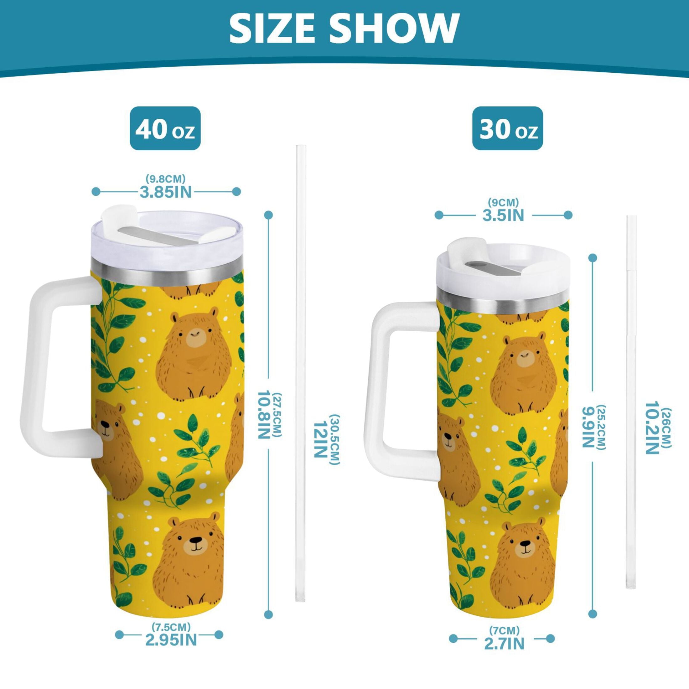 30 oz Insulated Stainless Steel Tumbler Double Wall Stainless Steel Tumbler with 2-Way Drinking Capybara and Green Leaves M658Z