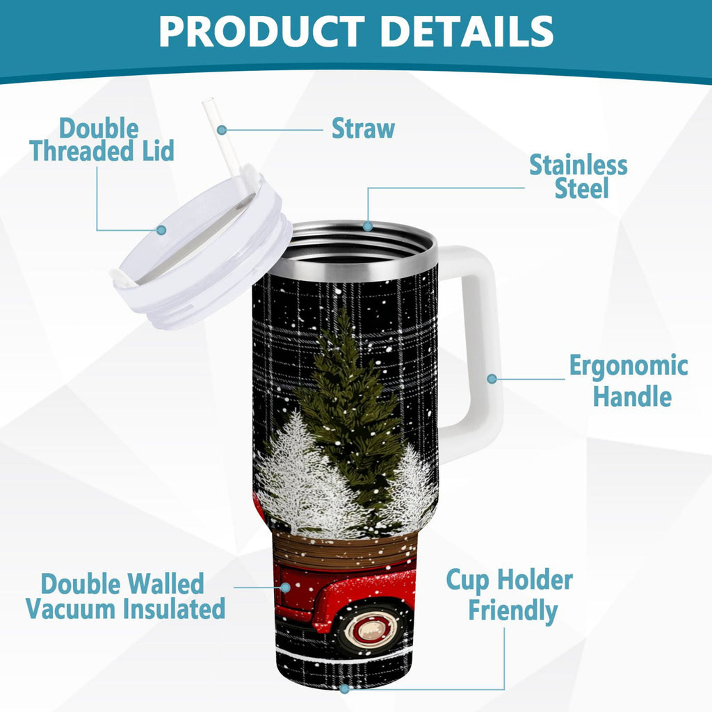 40 oz Insulated Stainless Steel Tumbler Double Wall Stainless Steel Tumbler with 2-Way Drinking Red Truck with Christmas Tree M669J