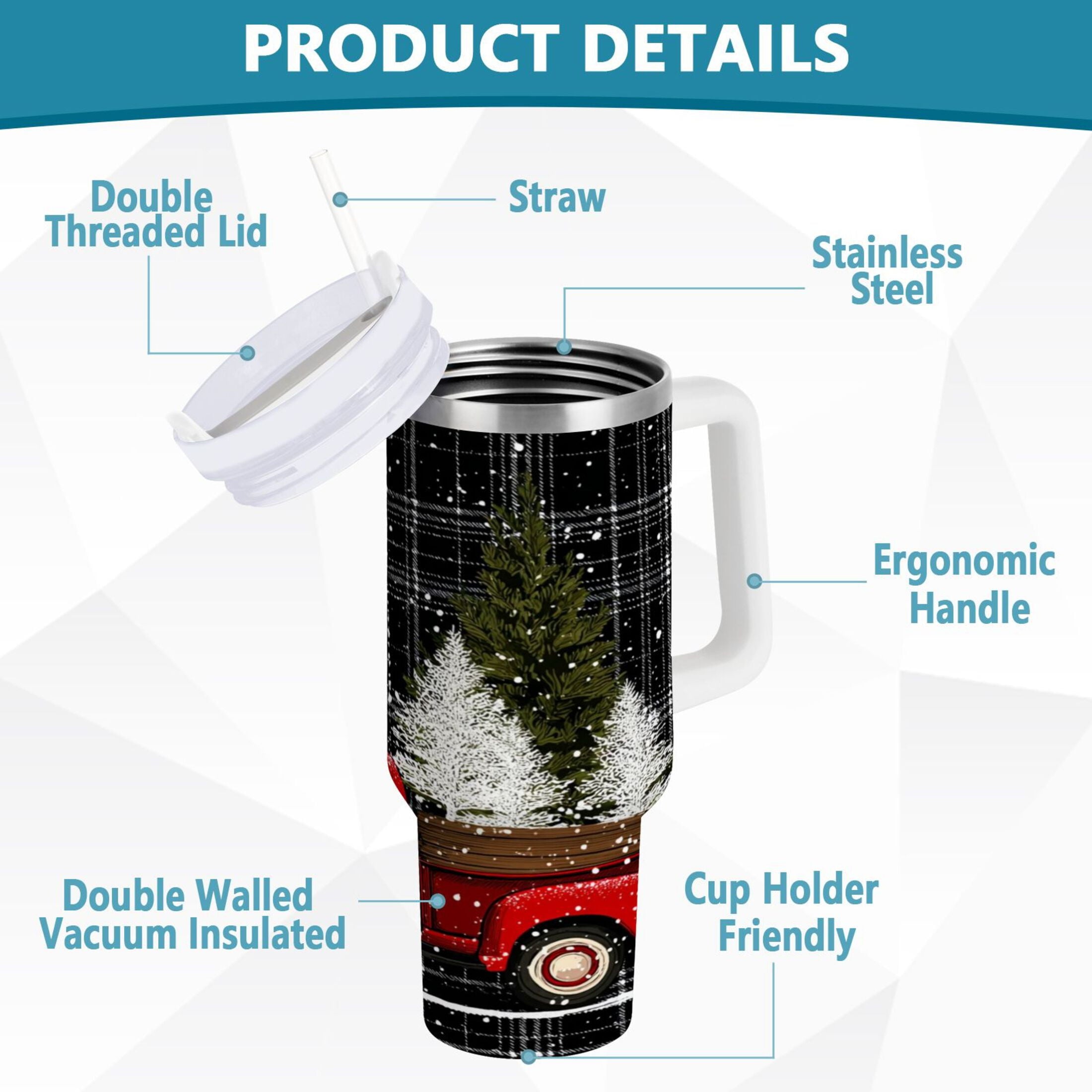 40 oz Insulated Stainless Steel Tumbler Double Wall Stainless Steel Tumbler with 2-Way Drinking Red Truck with Christmas Tree M669J