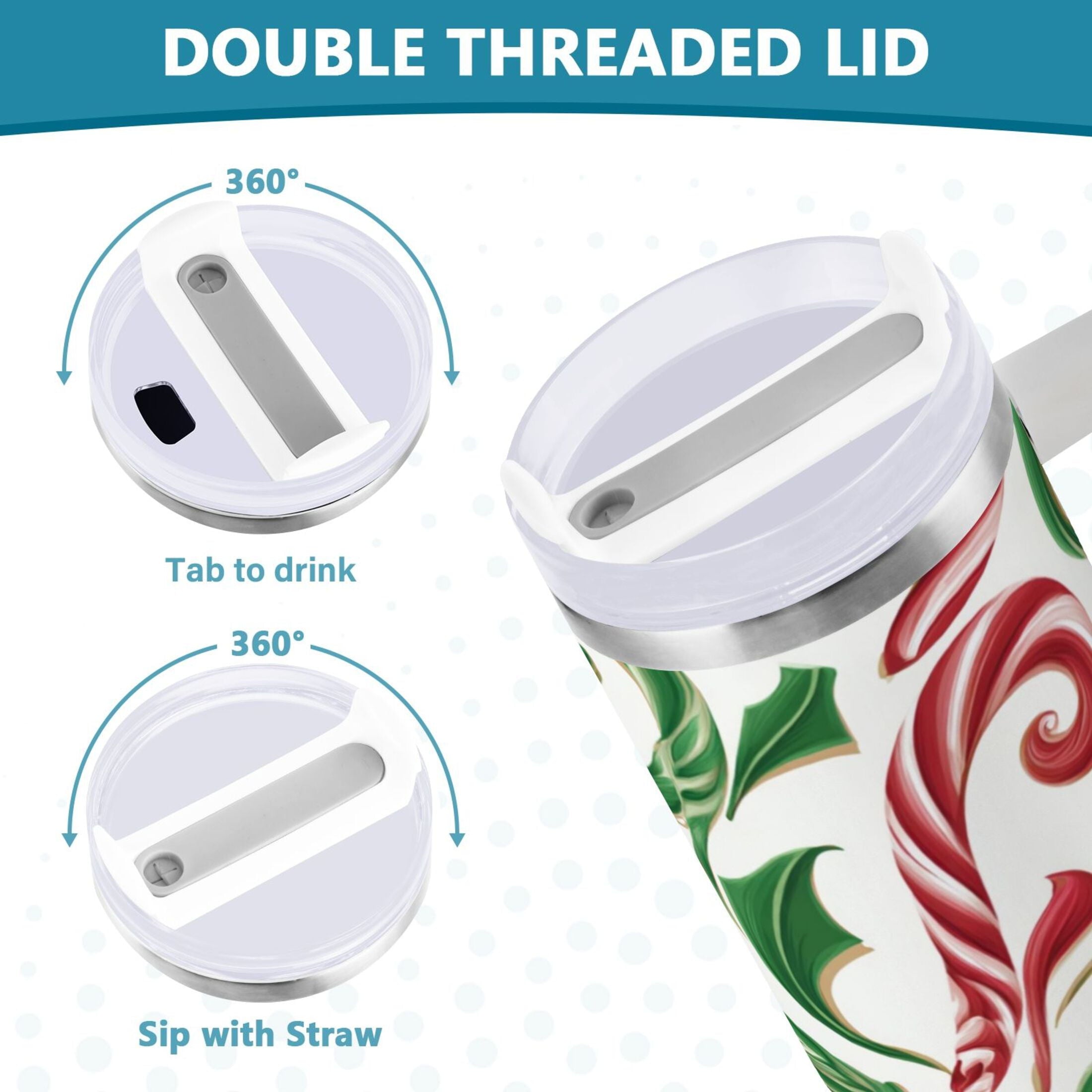 40 oz Insulated Stainless Steel Tumbler Double Wall Stainless Steel Tumbler with 2-Way Drinking Red and Green Candy-cane M573J