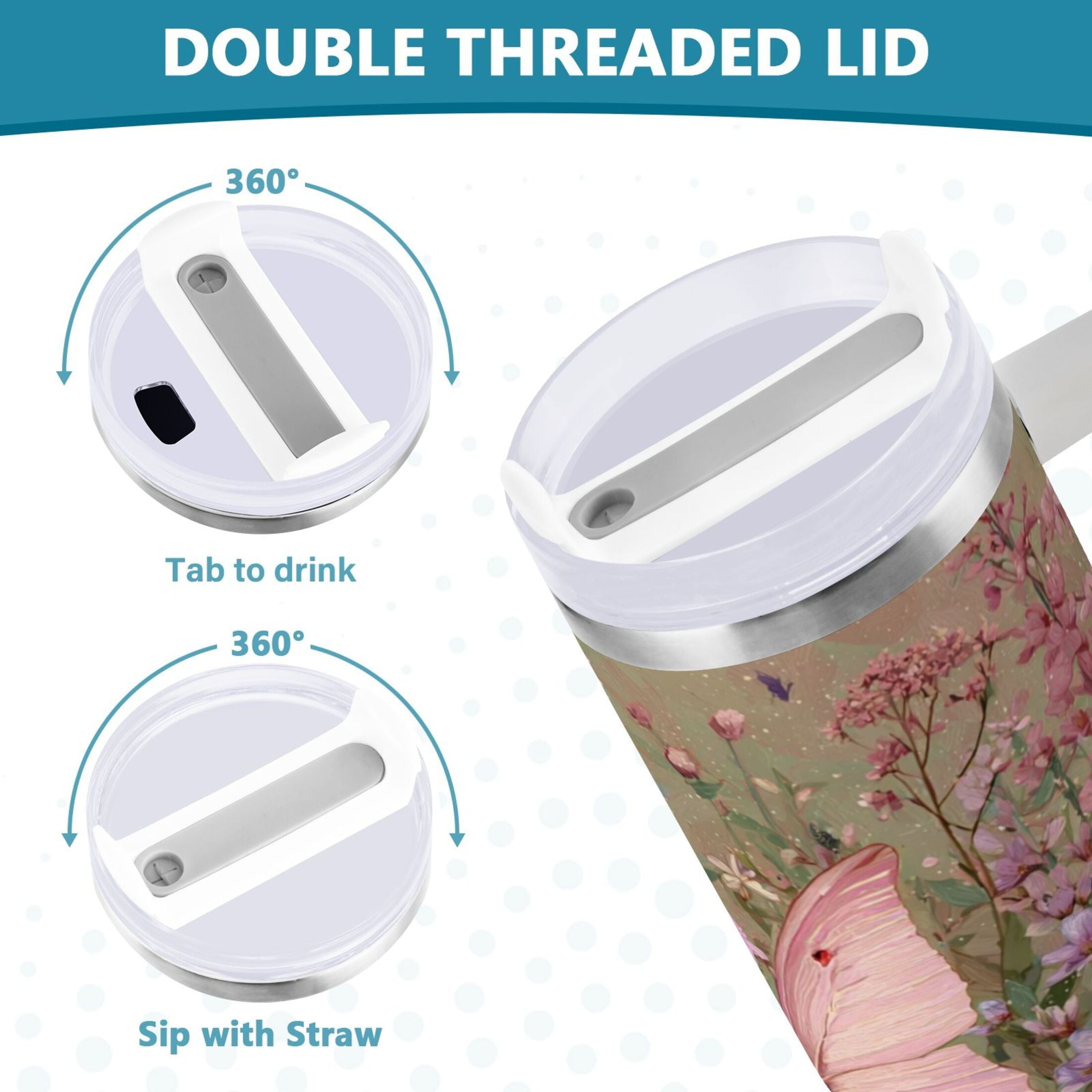 30 oz Insulated Stainless Steel Tumbler Double Wall Stainless Steel Tumbler with 2-Way Drinking Delicate Butterfly M643U