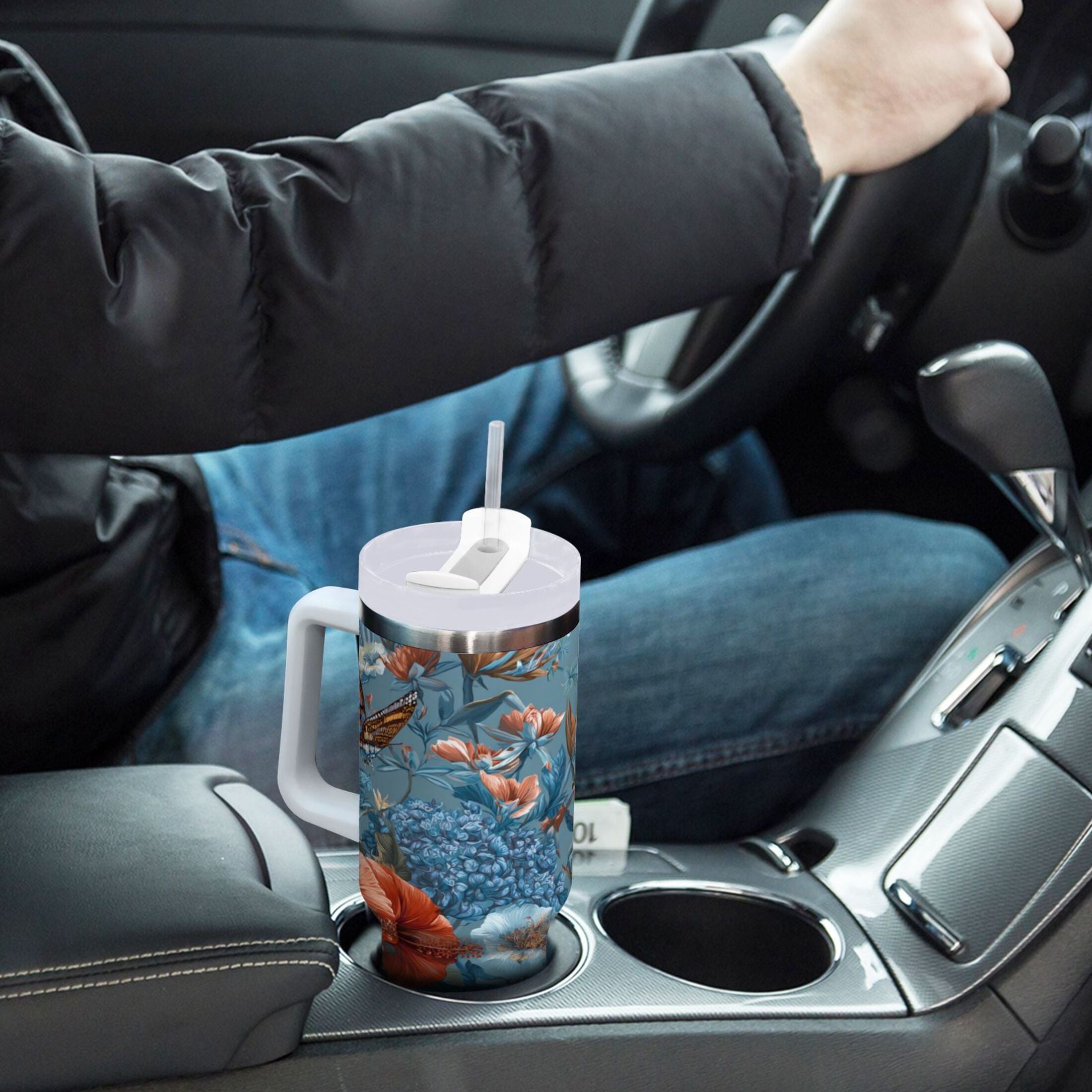 30 oz Insulated Stainless Steel Tumbler Double Wall Stainless Steel Tumbler with 2-Way Drinking Birds and Flowers M552F