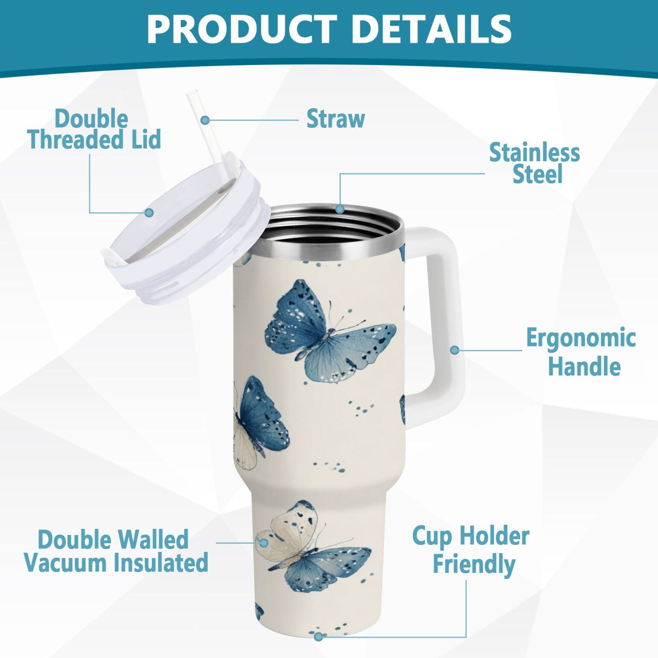 30 oz Insulated Stainless Steel Tumbler Double Wall Stainless Steel Tumbler with 2-Way Drinking Blue Watercolor Butterflies M572S