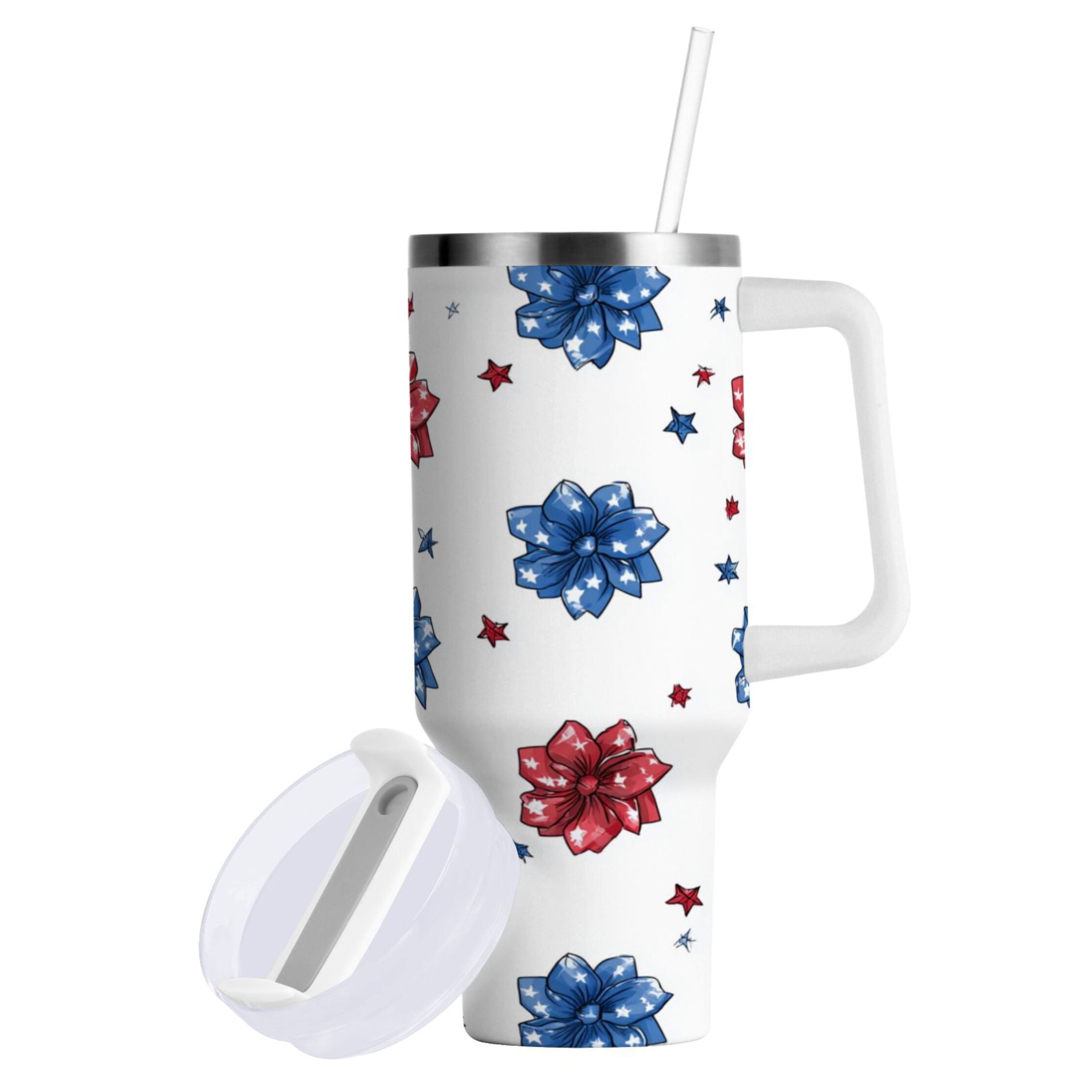 40 oz Insulated Stainless Steel Tumbler Double Wall Stainless Steel Tumbler with 2-Way Drinking Stars and Stripes Puttern Flower M521C
