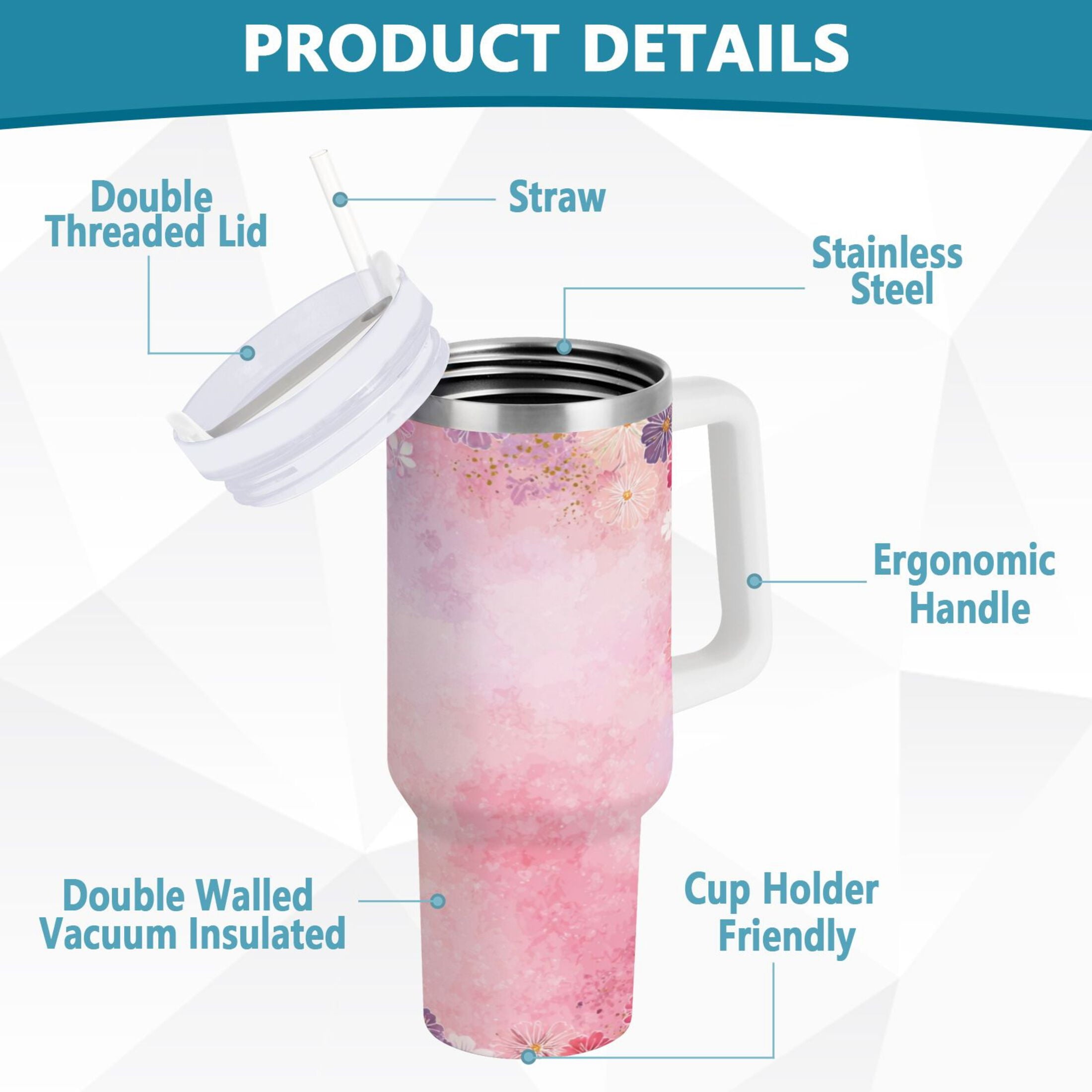 30 oz Insulated Stainless Steel Tumbler Double Wall Stainless Steel Tumbler with 2-Way Drinking Colorful Pastel Floral Pattern M514X