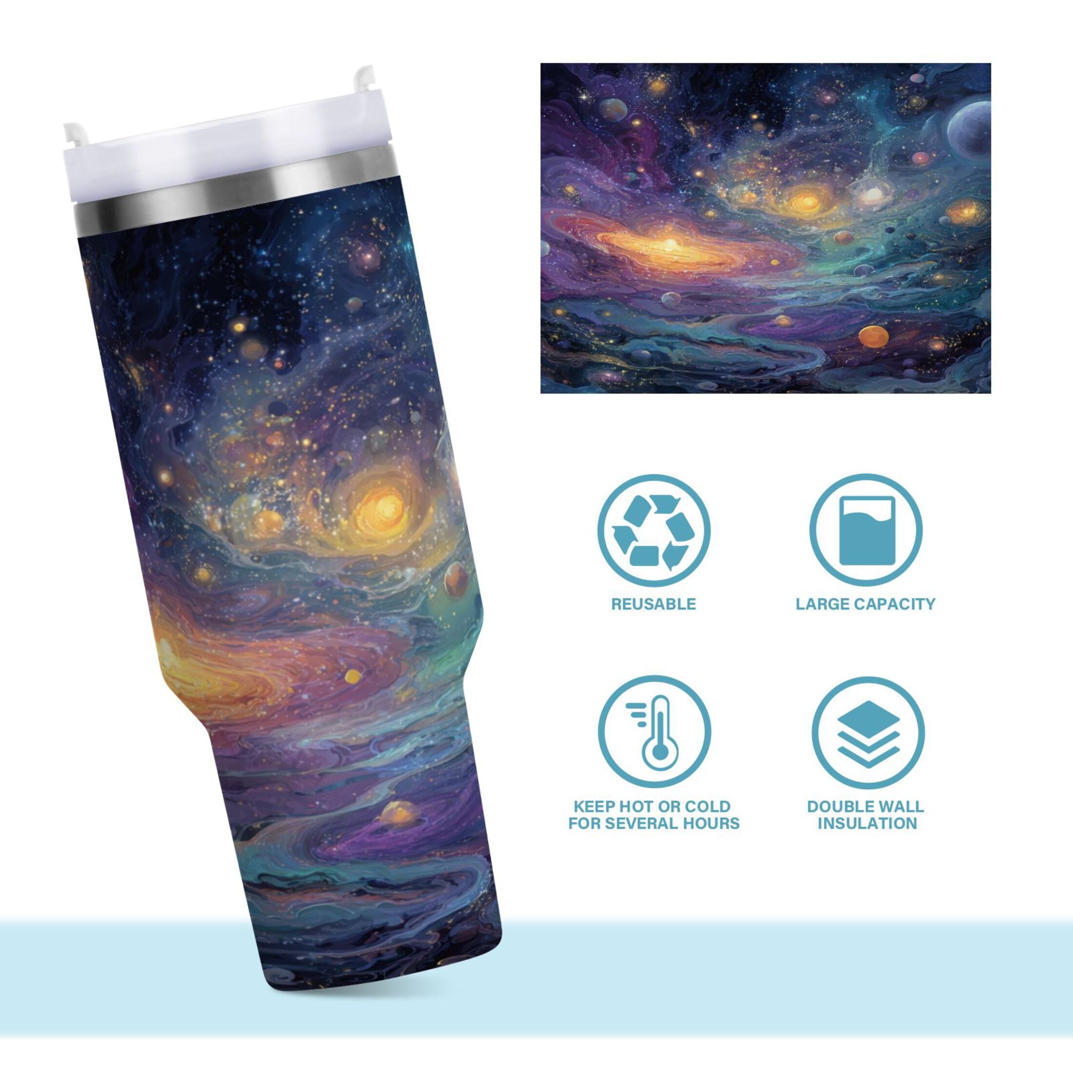 30 oz Insulated Stainless Steel Tumbler Double Wall Stainless Steel Tumbler with 2-Way Drinking Vibrant and Colorful Universe M453M