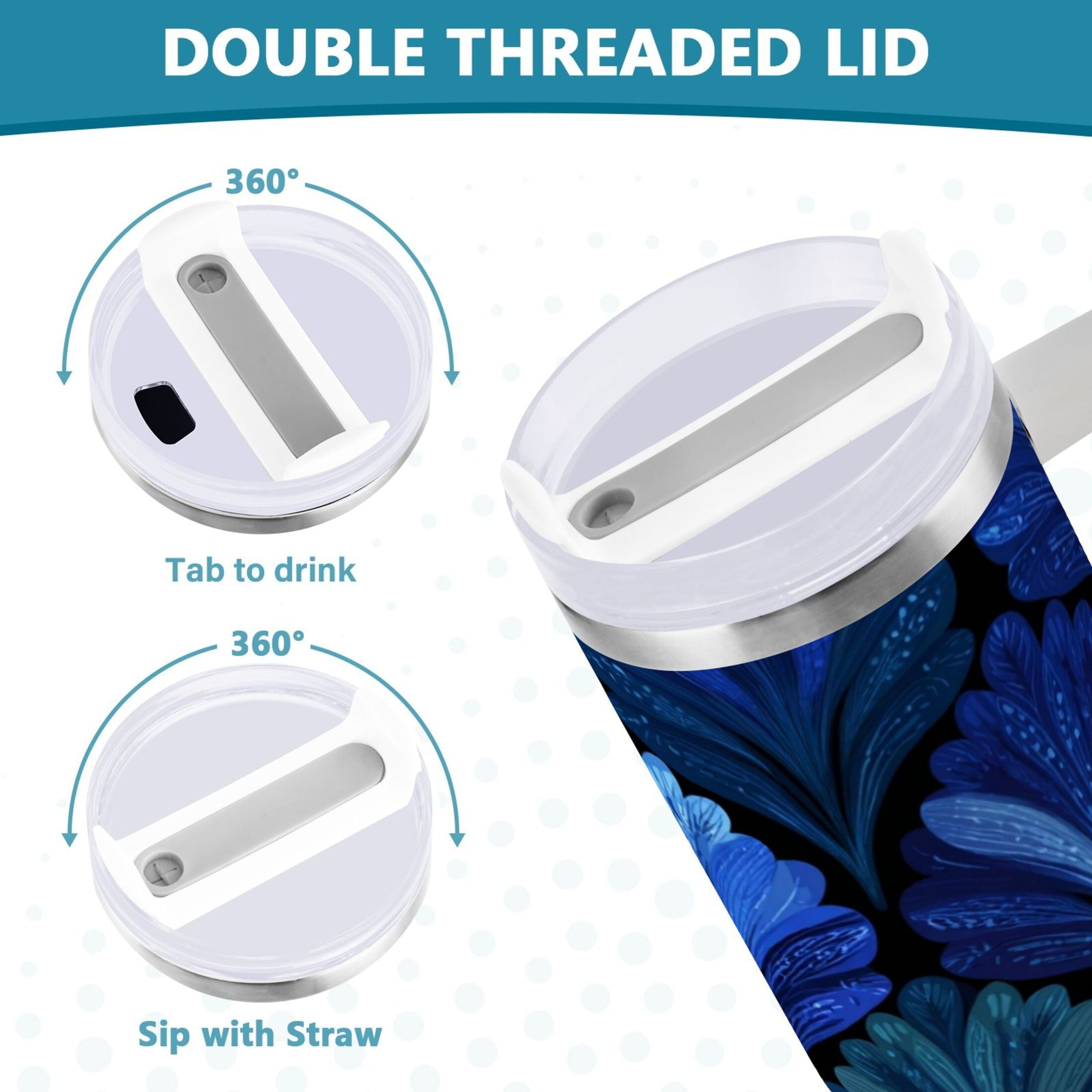 30 oz Insulated Stainless Steel Tumbler Double Wall Stainless Steel Tumbler with 2-Way Drinking Blue Batik Leaves Pattern M525X