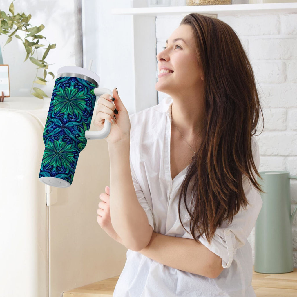 40 oz Insulated Stainless Steel Tumbler Double Wall Stainless Steel Tumbler with 2-Way Drinking Elegant Blue Traditional Patterns M603U