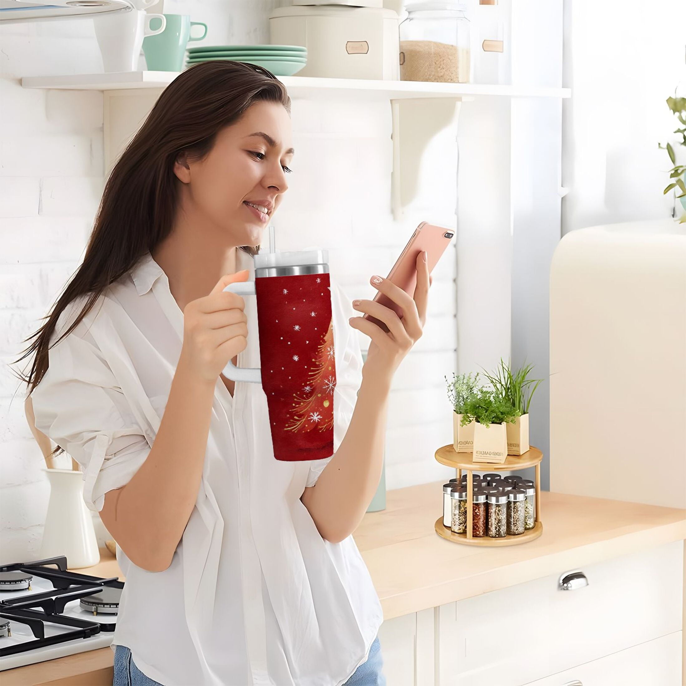 40 oz Insulated Stainless Steel Tumbler Double Wall Stainless Steel Tumbler with 2-Way Drinking Red Christmas Tree M662J