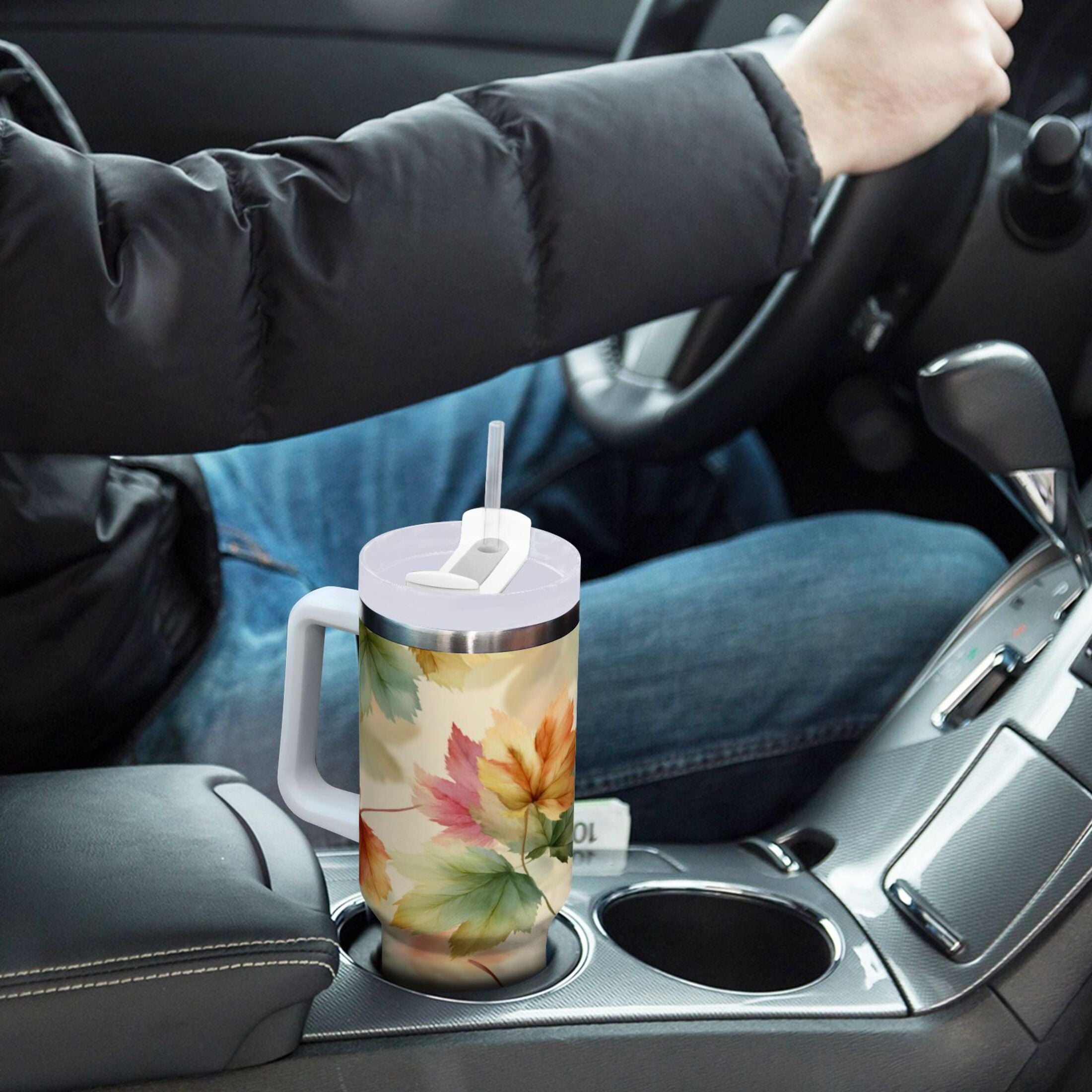 40 oz Insulated Stainless Steel Tumbler Double Wall Stainless Steel Tumbler with 2-Way Drinking Watercolor Maple Leaves Pattern M513P
