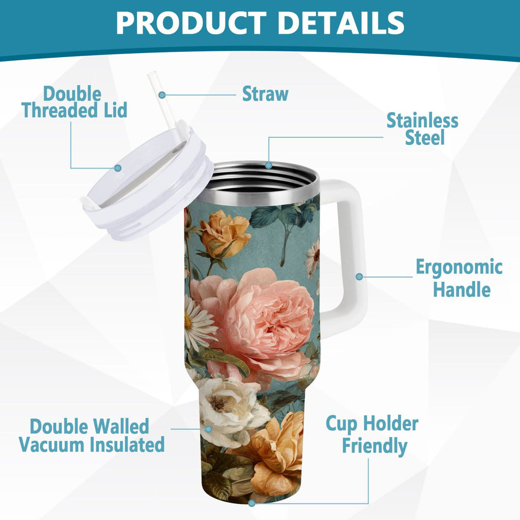 30 oz Insulated Stainless Steel Tumbler Double Wall Stainless Steel Tumbler with 2-Way Drinking Vintage Roses and Peonies M667U