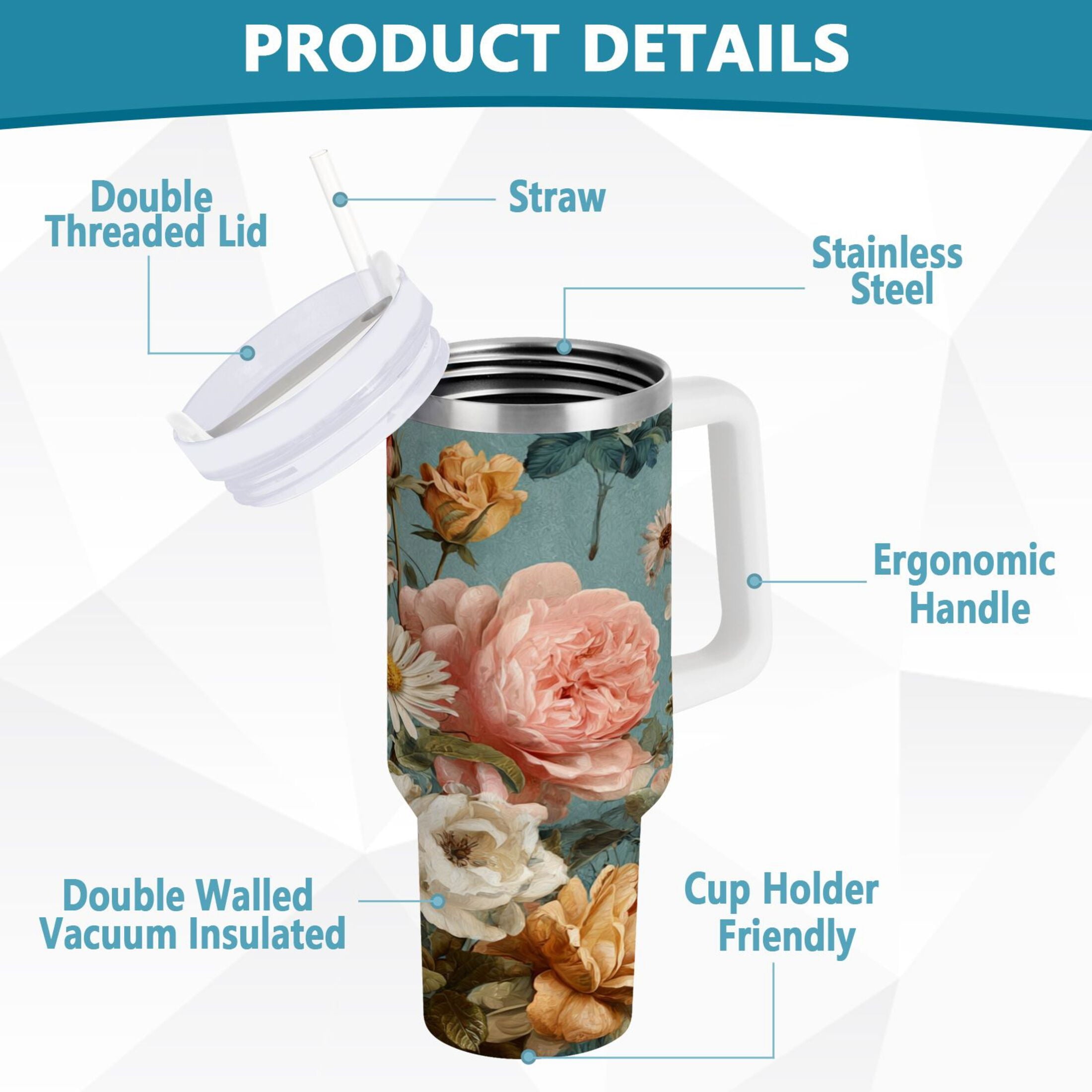 30 oz Insulated Stainless Steel Tumbler Double Wall Stainless Steel Tumbler with 2-Way Drinking Vintage Roses and Peonies M667U