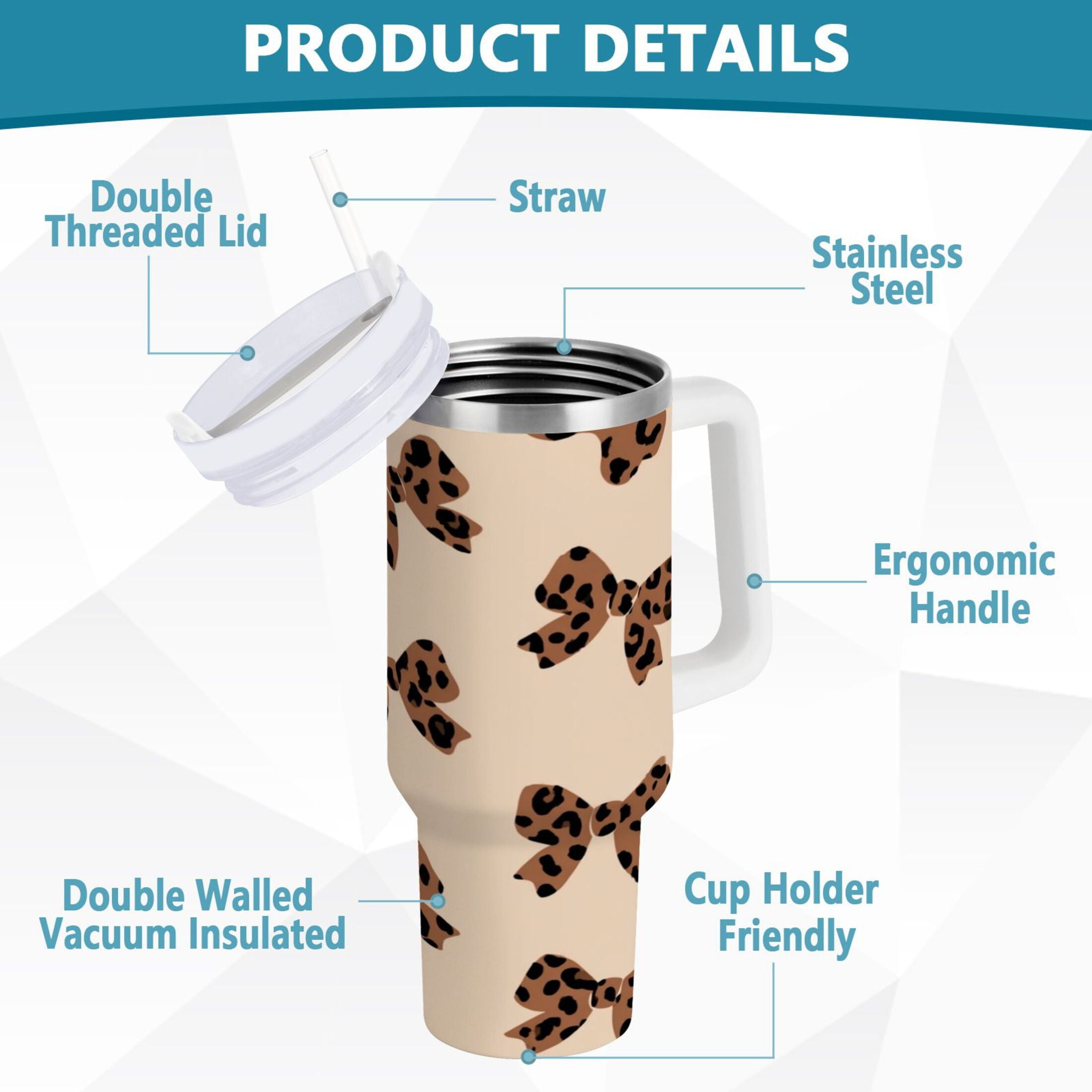 30 oz Insulated Stainless Steel Tumbler Double Wall Stainless Steel Tumbler with 2-Way Drinking Cute Brown Bow M528Z