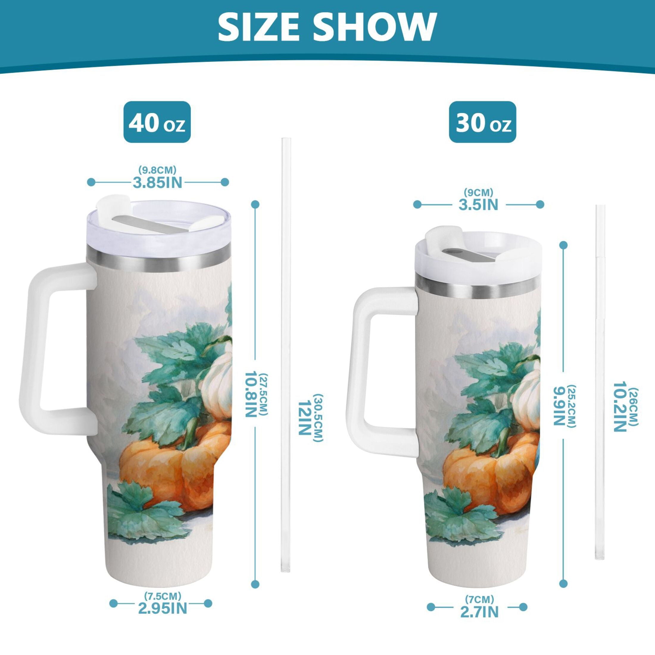 40 oz Insulated Stainless Steel Tumbler Double Wall Stainless Steel Tumbler with 2-Way Drinking Watercolor Pumpkins and Leaves M447U