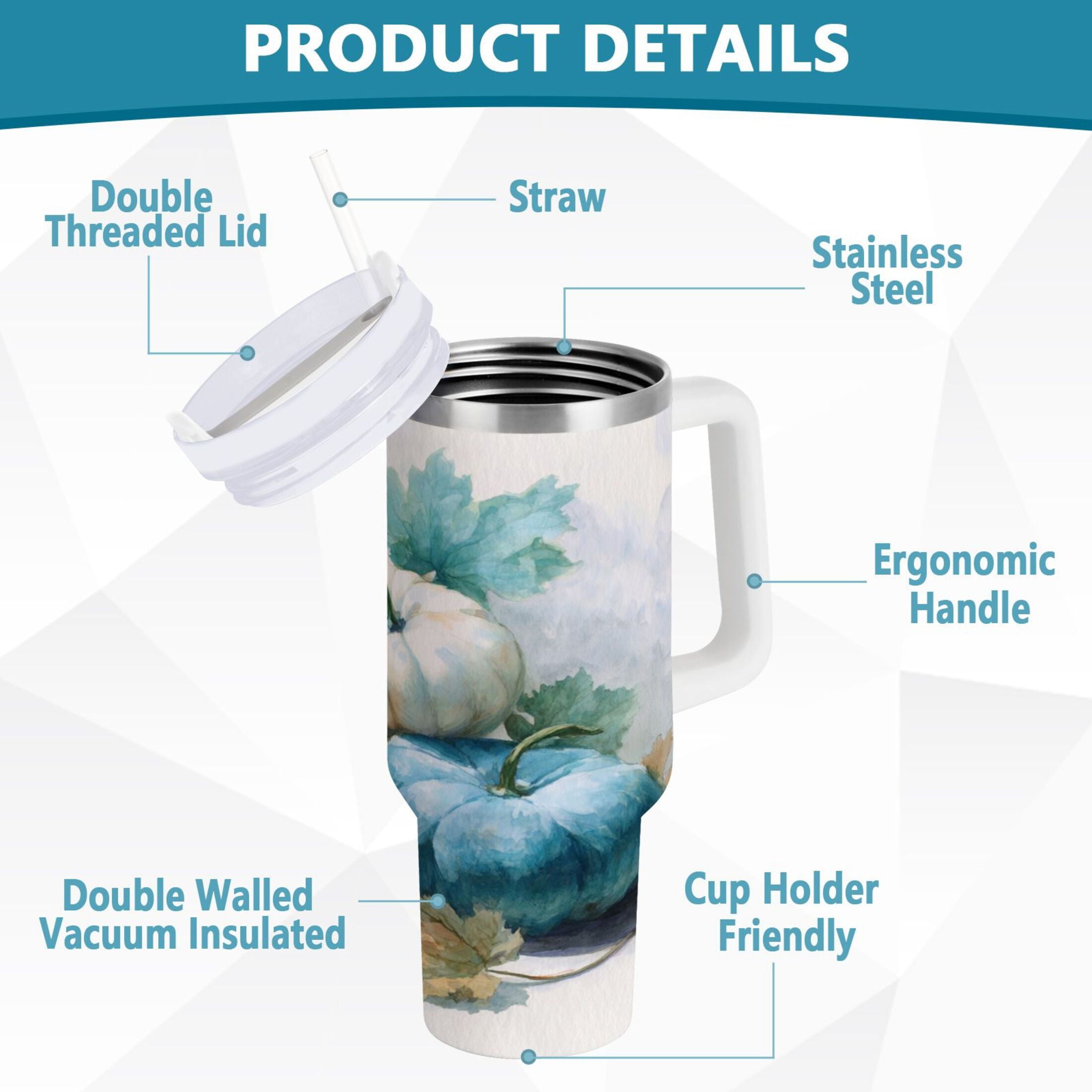 40 oz Insulated Stainless Steel Tumbler Double Wall Stainless Steel Tumbler with 2-Way Drinking Watercolor Pumpkins and Leaves M447U