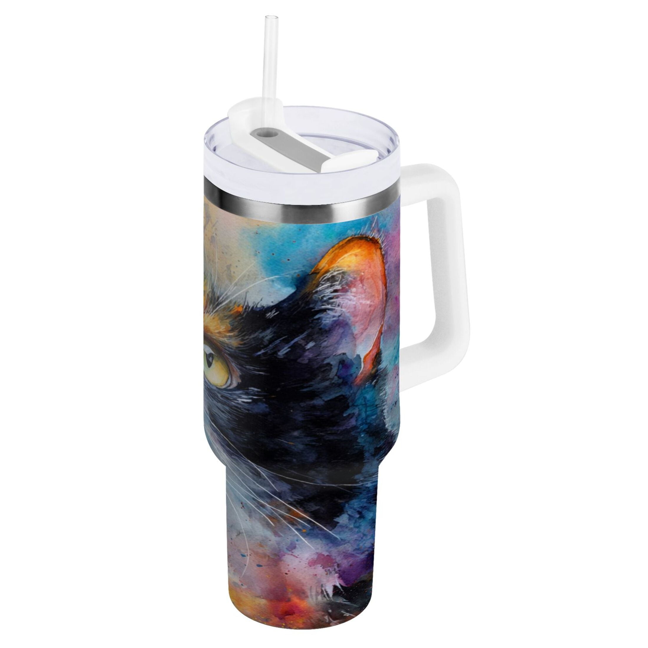 30 oz Insulated Stainless Steel Tumbler Double Wall Stainless Steel Tumbler with 2-Way Drinking Watercolor Calico Cat M465U