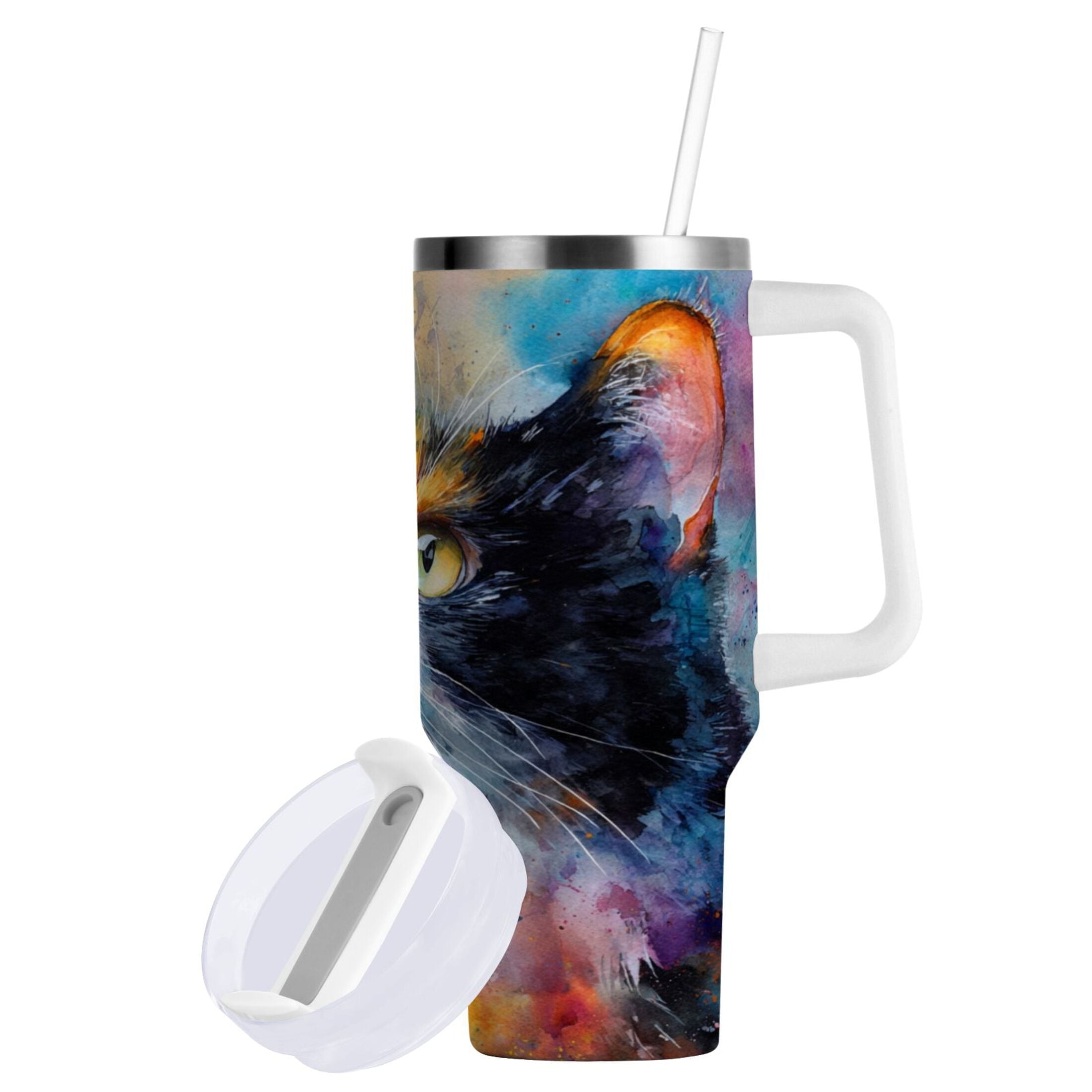 30 oz Insulated Stainless Steel Tumbler Double Wall Stainless Steel Tumbler with 2-Way Drinking Watercolor Calico Cat M465U