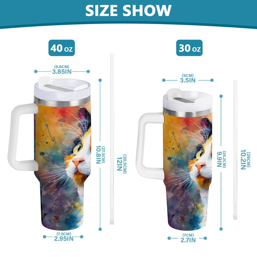 30 oz Insulated Stainless Steel Tumbler Double Wall Stainless Steel Tumbler with 2-Way Drinking Watercolor Calico Cat M465U