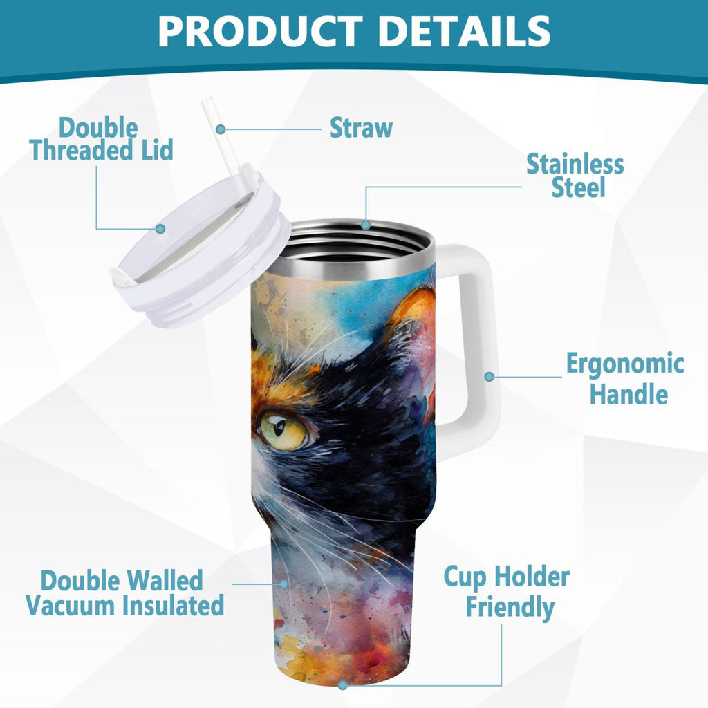30 oz Insulated Stainless Steel Tumbler Double Wall Stainless Steel Tumbler with 2-Way Drinking Watercolor Calico Cat M465U