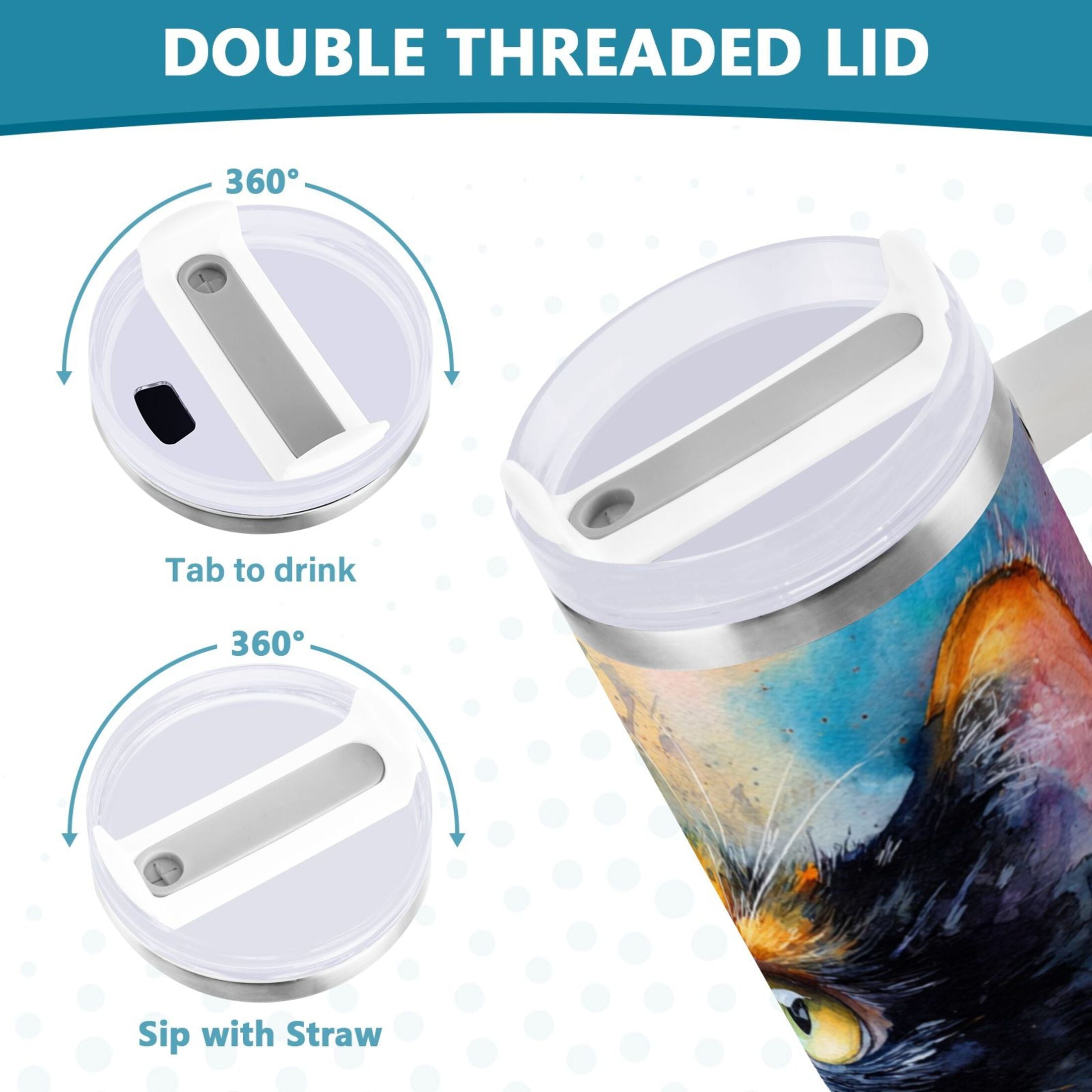 30 oz Insulated Stainless Steel Tumbler Double Wall Stainless Steel Tumbler with 2-Way Drinking Watercolor Calico Cat M465U