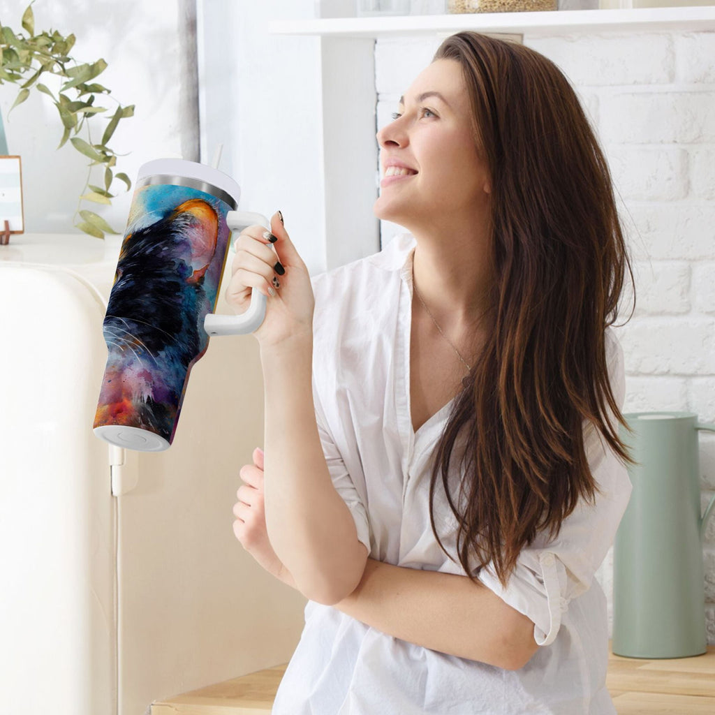 30 oz Insulated Stainless Steel Tumbler Double Wall Stainless Steel Tumbler with 2-Way Drinking Watercolor Calico Cat M465U