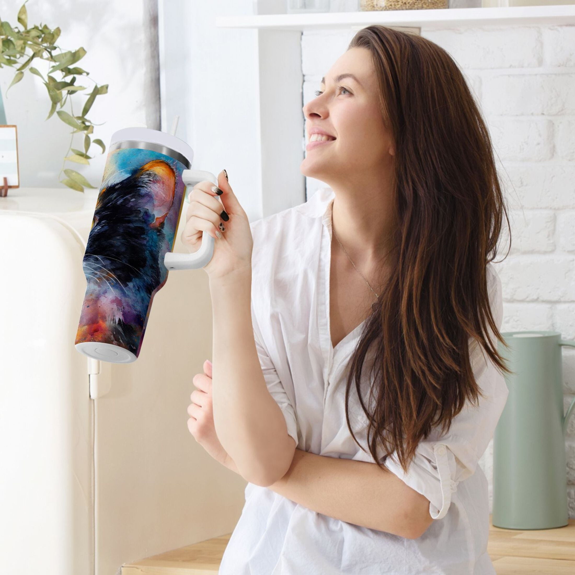 30 oz Insulated Stainless Steel Tumbler Double Wall Stainless Steel Tumbler with 2-Way Drinking Watercolor Calico Cat M465U
