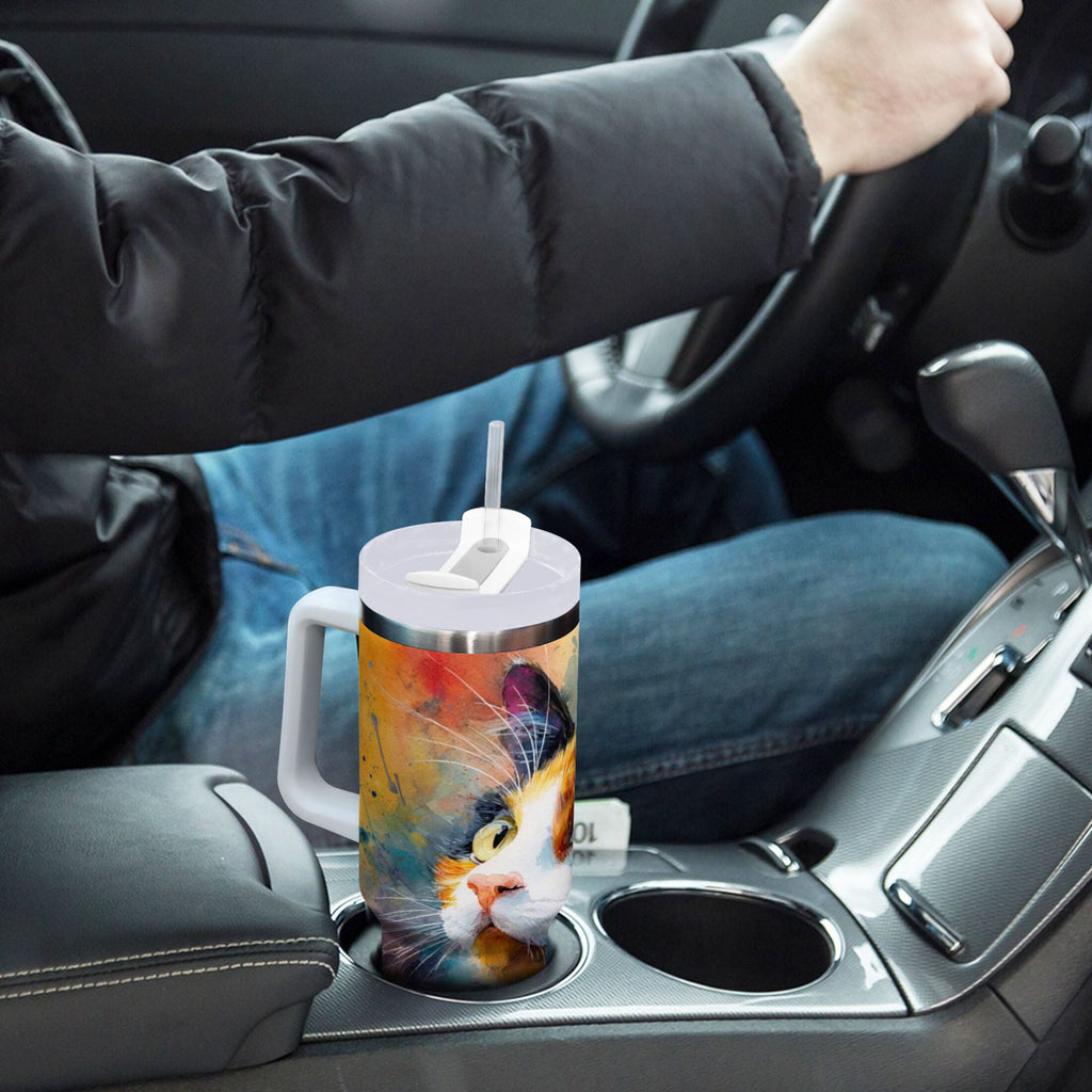 30 oz Insulated Stainless Steel Tumbler Double Wall Stainless Steel Tumbler with 2-Way Drinking Watercolor Calico Cat M465U