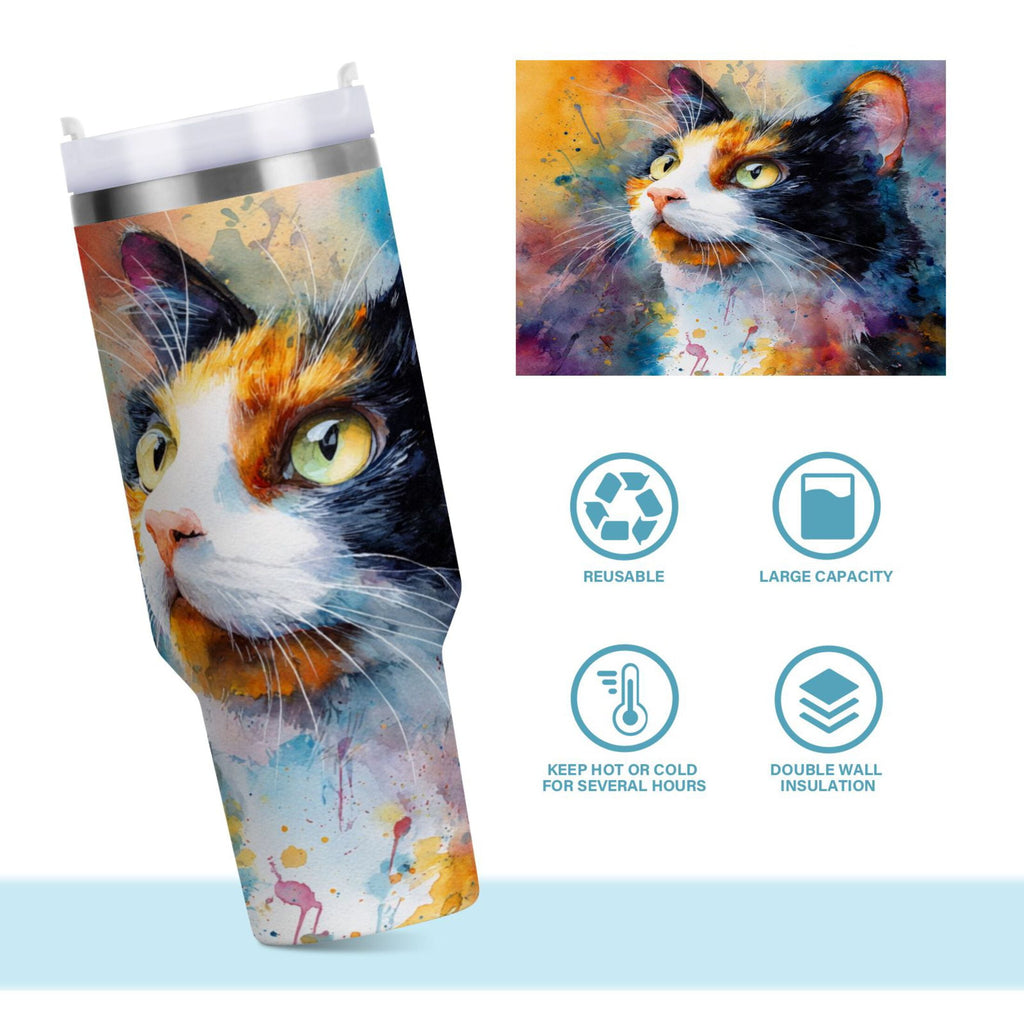 30 oz Insulated Stainless Steel Tumbler Double Wall Stainless Steel Tumbler with 2-Way Drinking Watercolor Calico Cat M465U