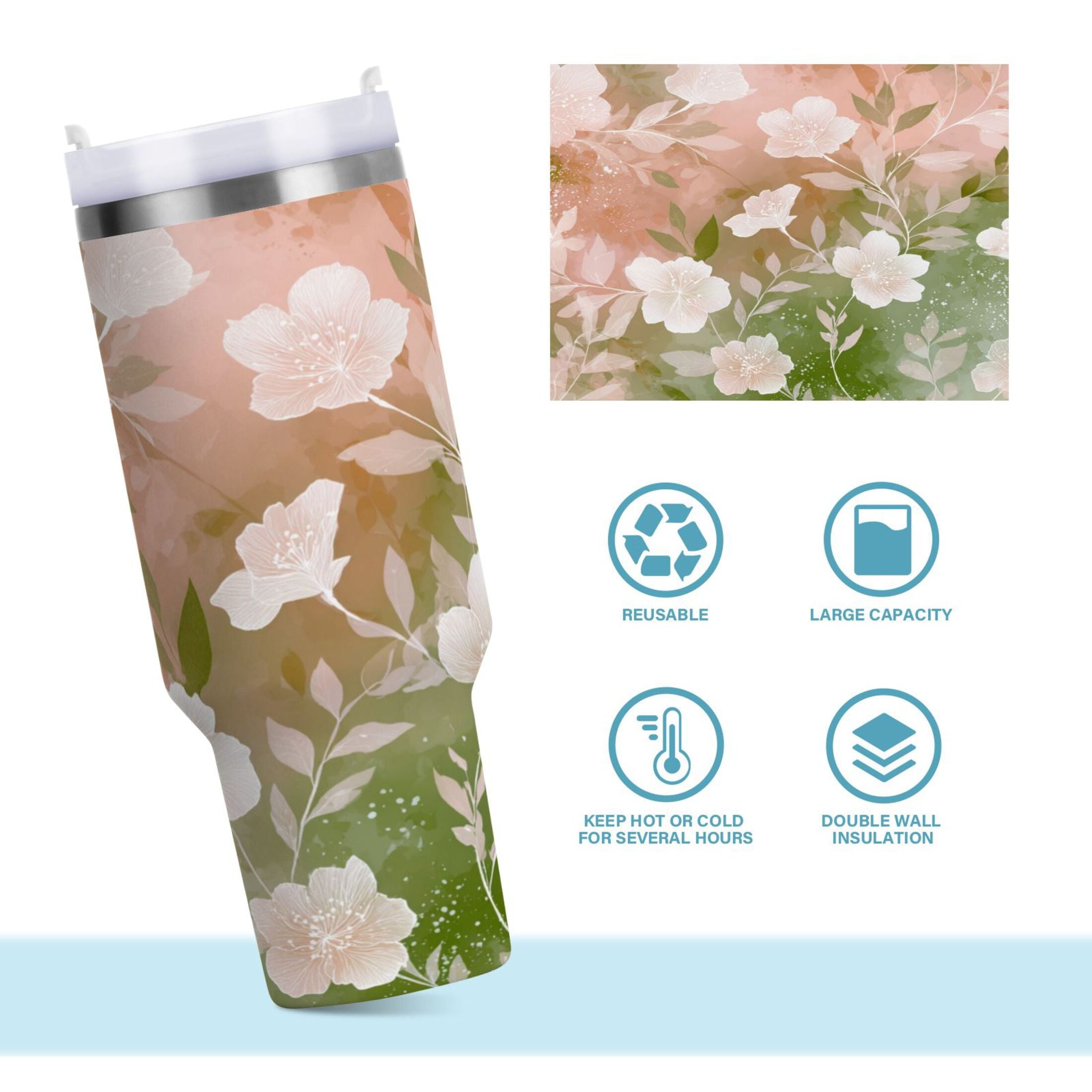 30 oz Insulated Stainless Steel Tumbler Double Wall Stainless Steel Tumbler with 2-Way Drinking Gradient Elegant Floral M471M