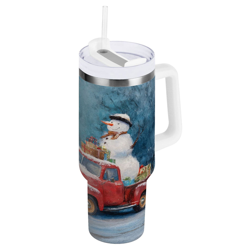 40 oz Insulated Stainless Steel Tumbler Double Wall Stainless Steel Tumbler with 2-Way Drinking Christmas Snowman in A Red Truck M435M