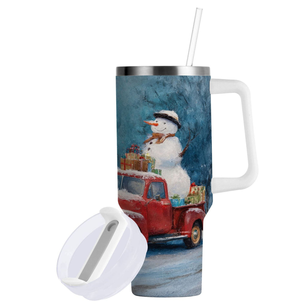 40 oz Insulated Stainless Steel Tumbler Double Wall Stainless Steel Tumbler with 2-Way Drinking Christmas Snowman in A Red Truck M435M