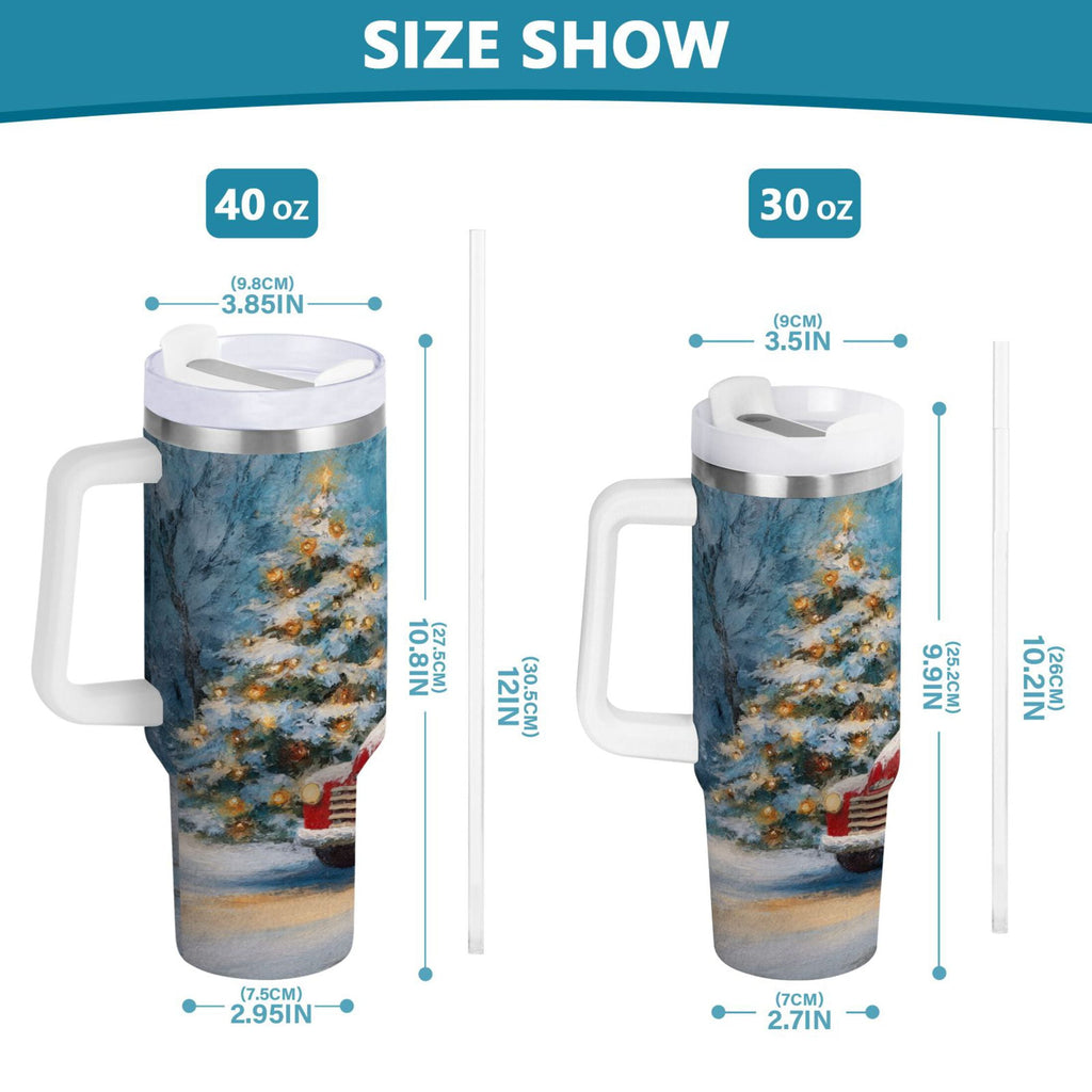 40 oz Insulated Stainless Steel Tumbler Double Wall Stainless Steel Tumbler with 2-Way Drinking Christmas Snowman in A Red Truck M435M