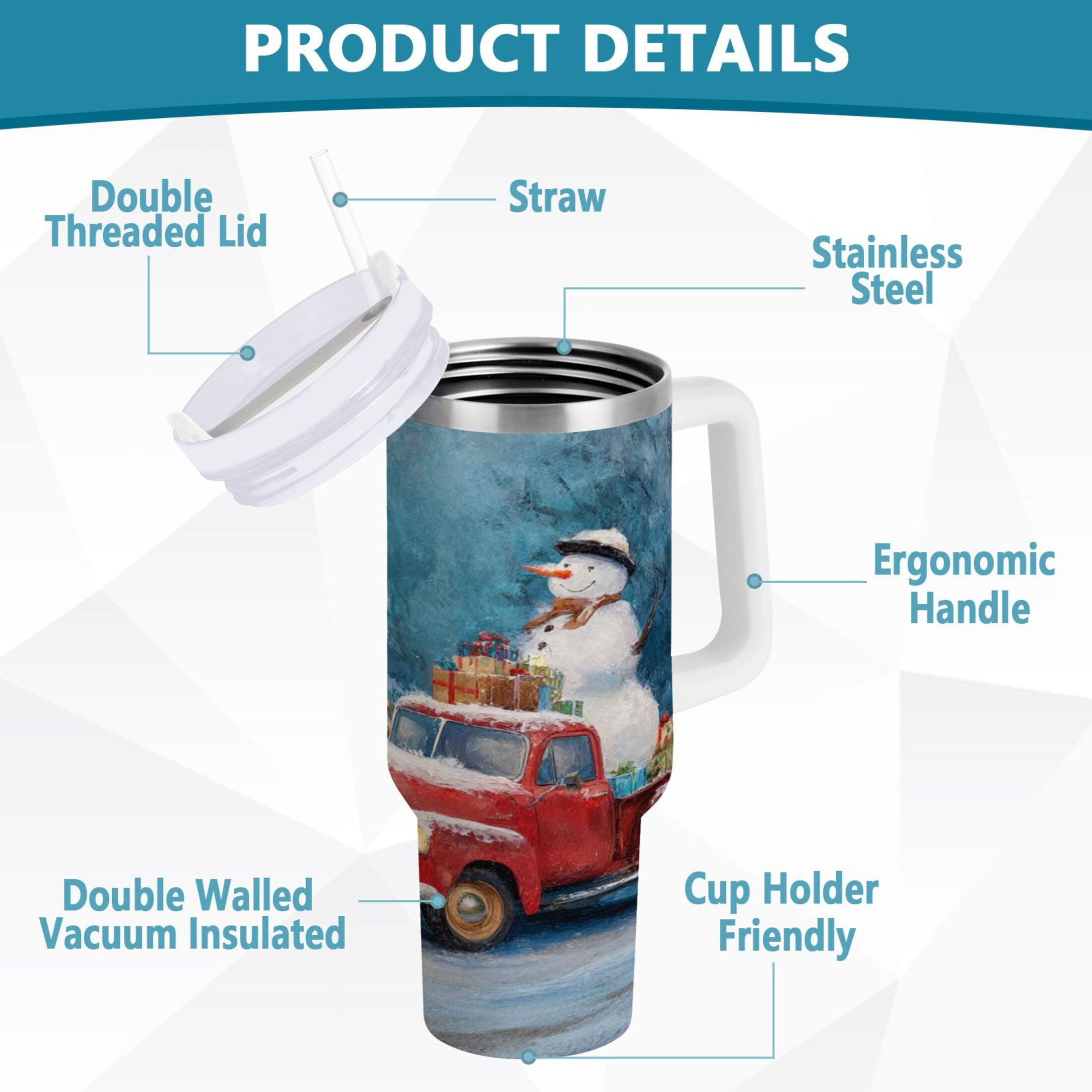 40 oz Insulated Stainless Steel Tumbler Double Wall Stainless Steel Tumbler with 2-Way Drinking Christmas Snowman in A Red Truck M435M