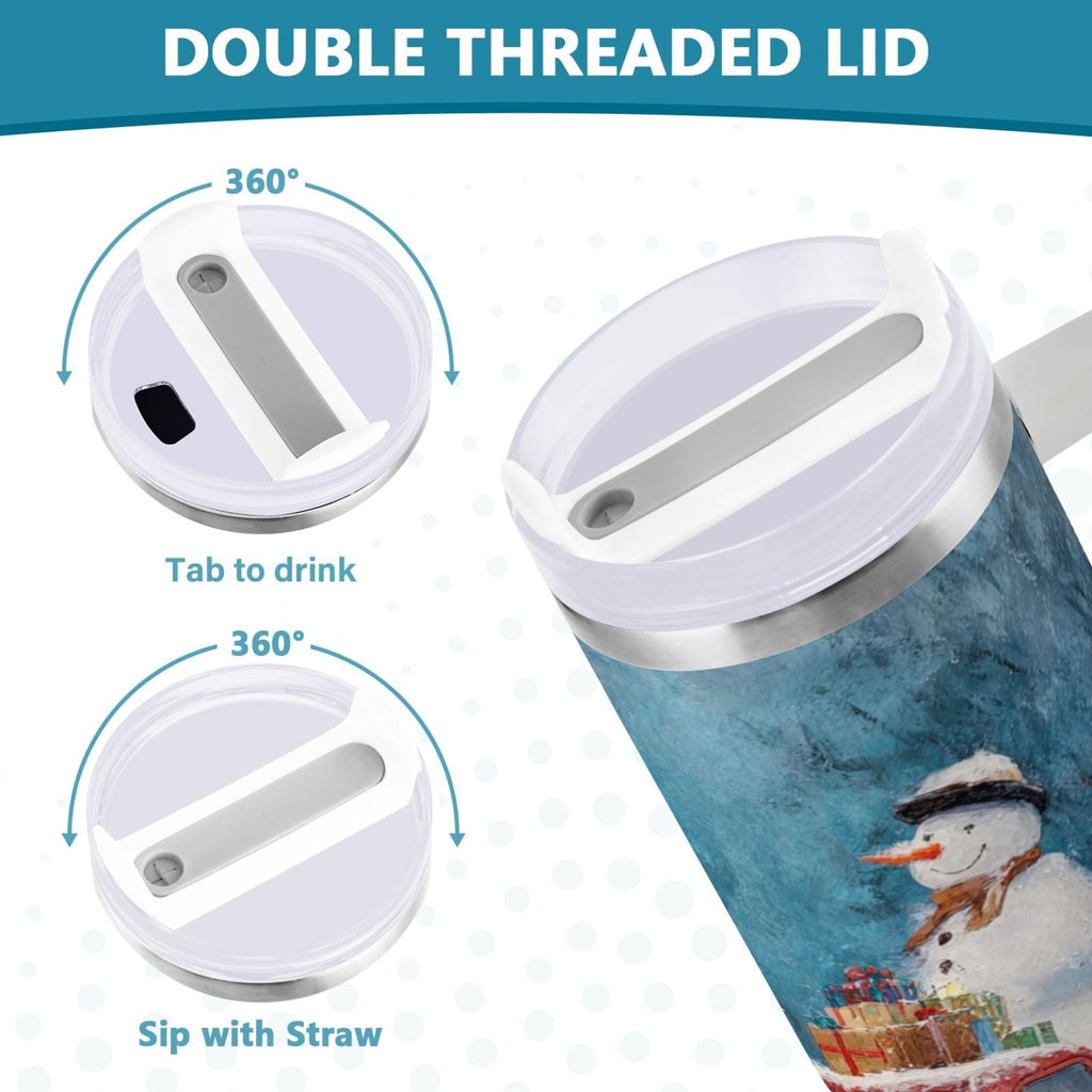 40 oz Insulated Stainless Steel Tumbler Double Wall Stainless Steel Tumbler with 2-Way Drinking Christmas Snowman in A Red Truck M435M