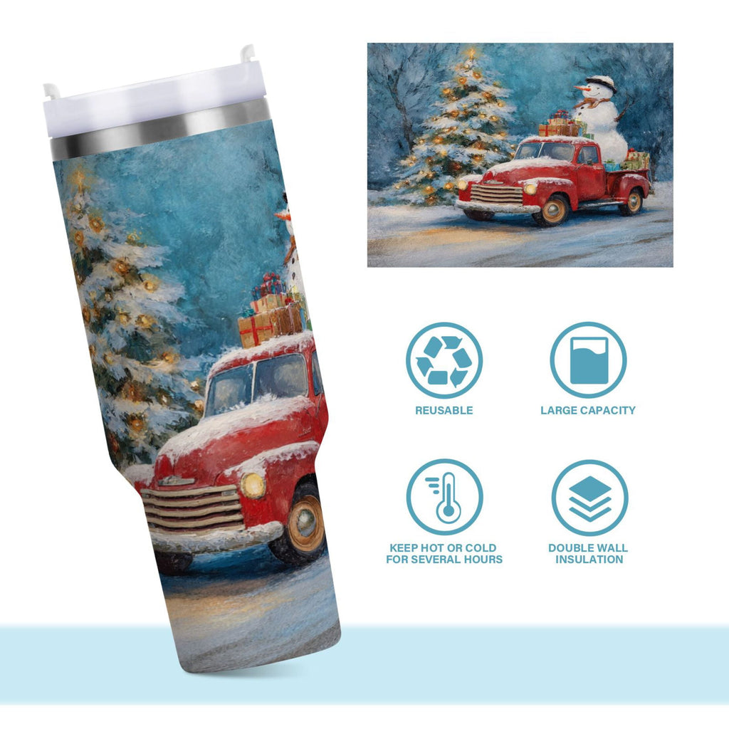 40 oz Insulated Stainless Steel Tumbler Double Wall Stainless Steel Tumbler with 2-Way Drinking Christmas Snowman in A Red Truck M435M