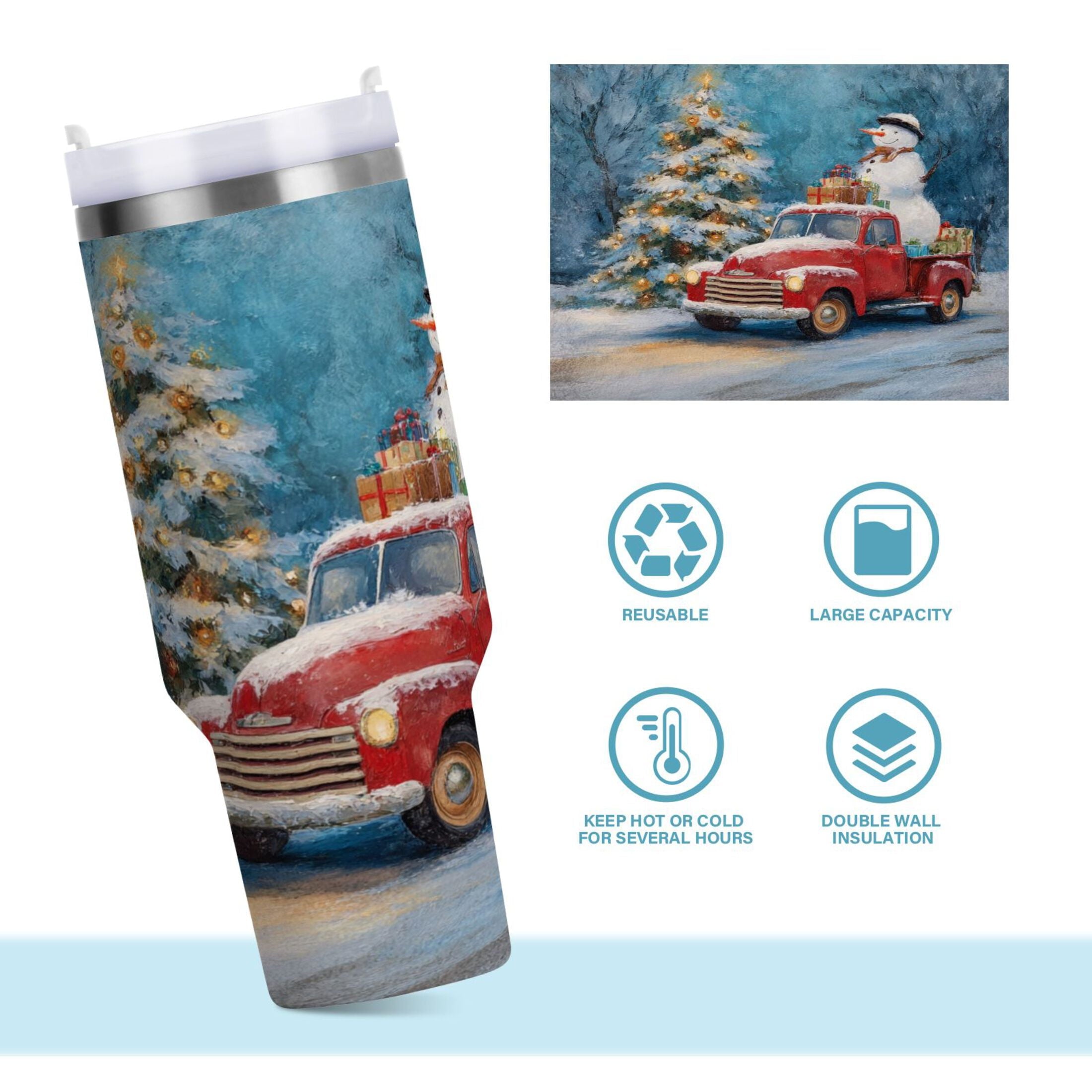 40 oz Insulated Stainless Steel Tumbler Double Wall Stainless Steel Tumbler with 2-Way Drinking Christmas Snowman in A Red Truck M435M