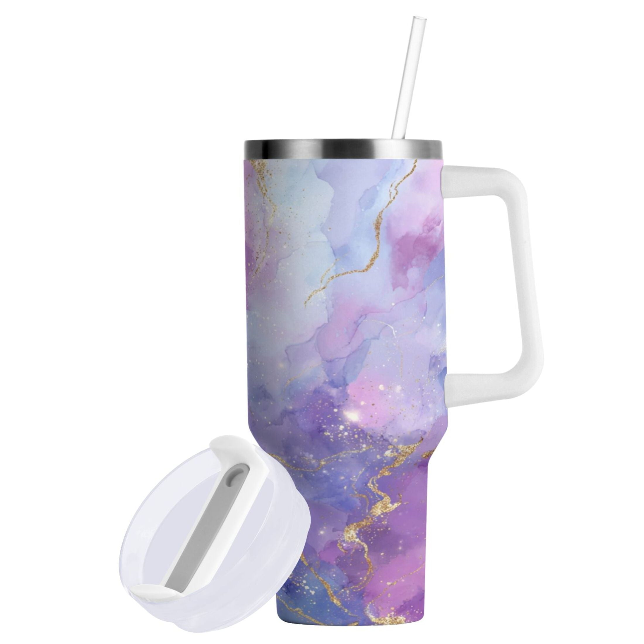 40 oz Insulated Stainless Steel Tumbler Double Wall Stainless Steel Tumbler with 2-Way Drinking Pink and Blue Marble Texture M490Y