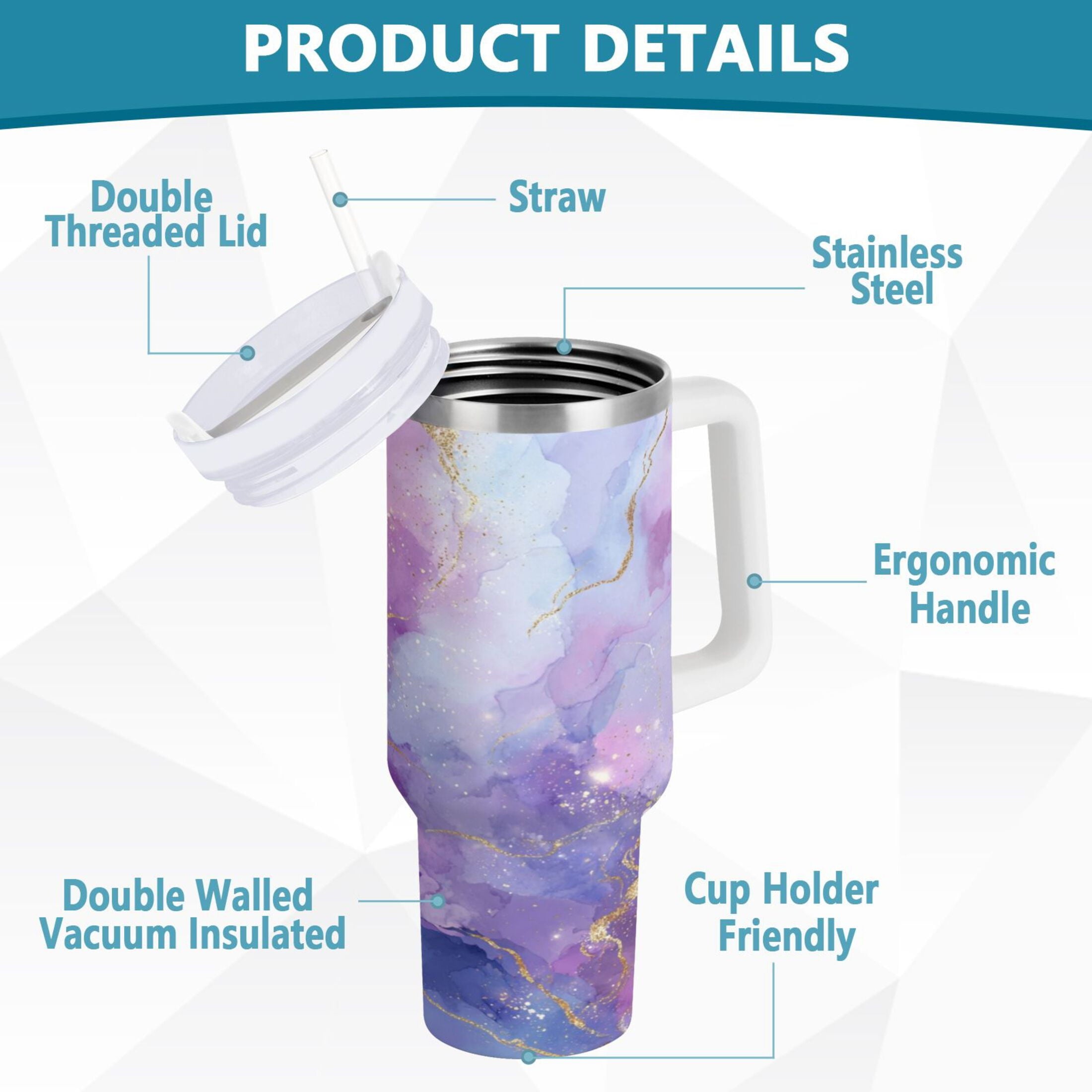 40 oz Insulated Stainless Steel Tumbler Double Wall Stainless Steel Tumbler with 2-Way Drinking Pink and Blue Marble Texture M490Y