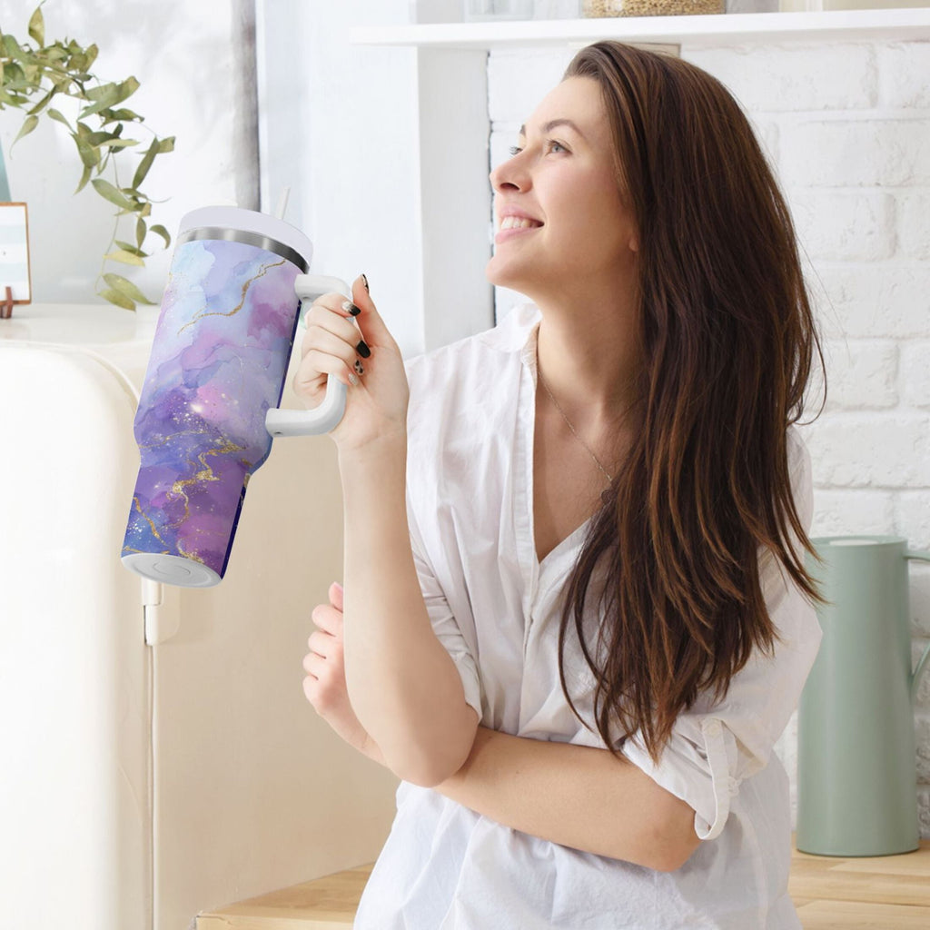 40 oz Insulated Stainless Steel Tumbler Double Wall Stainless Steel Tumbler with 2-Way Drinking Pink and Blue Marble Texture M490Y