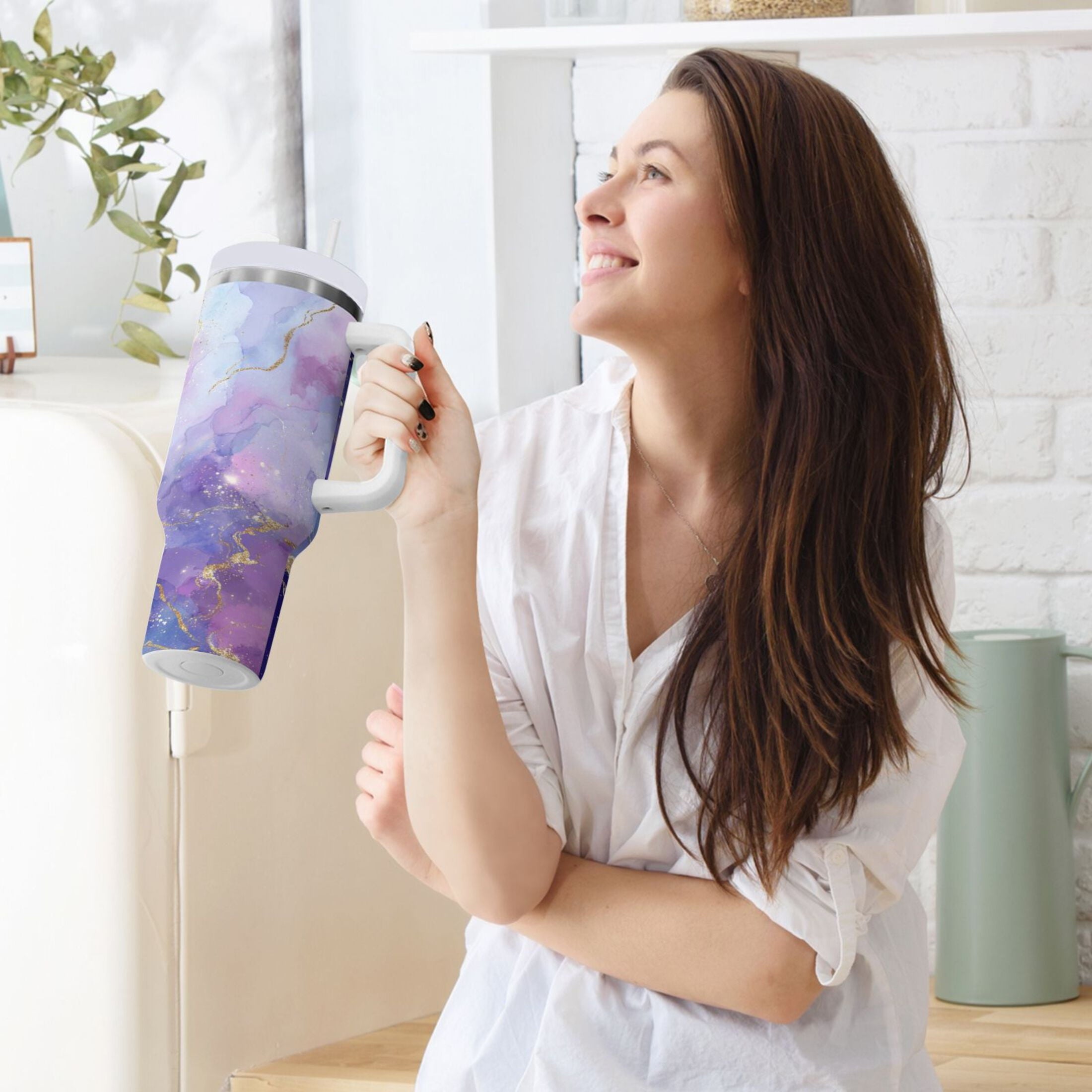 40 oz Insulated Stainless Steel Tumbler Double Wall Stainless Steel Tumbler with 2-Way Drinking Pink and Blue Marble Texture M490Y