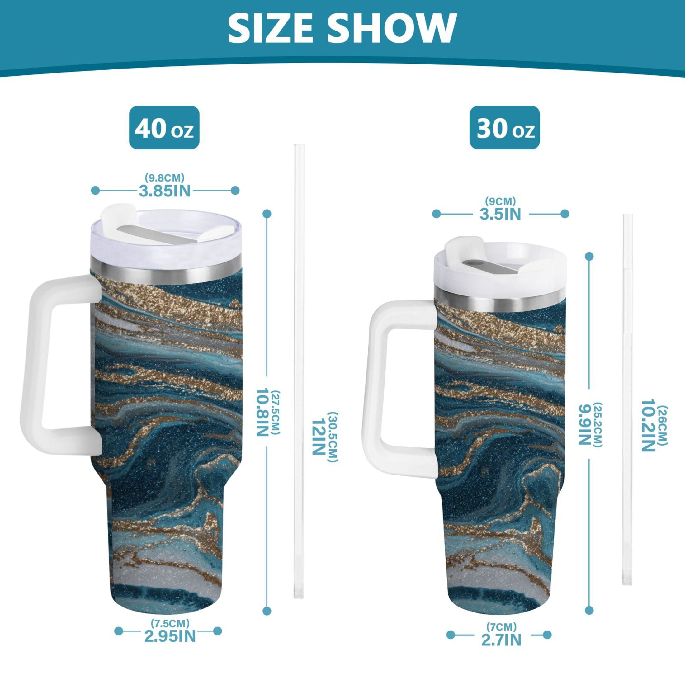 30 oz Insulated Stainless Steel Tumbler Double Wall Stainless Steel Tumbler with 2-Way Drinking Blue and Gold Swirling M497T