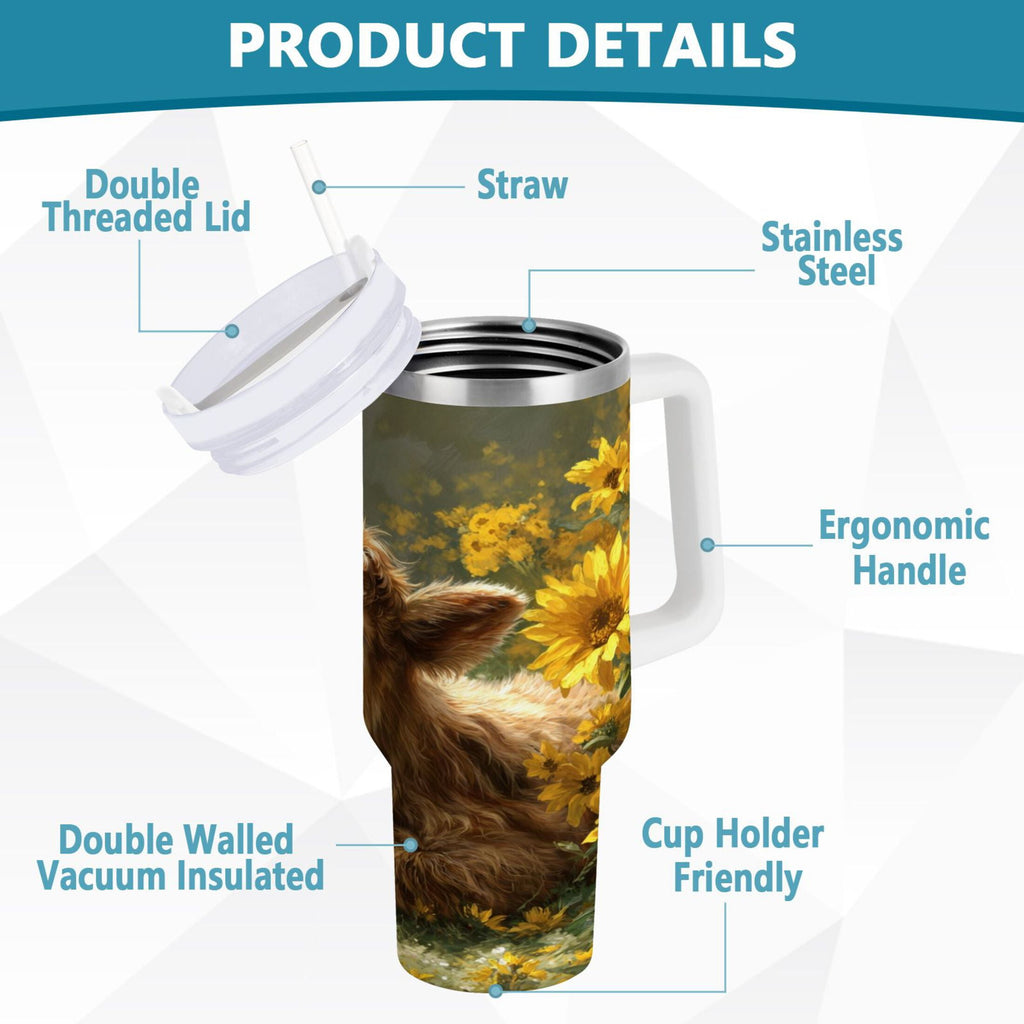 40 oz Insulated Stainless Steel Tumbler Double Wall Stainless Steel Tumbler with 2-Way Drinking Cow Lying in Sunflowers M665X