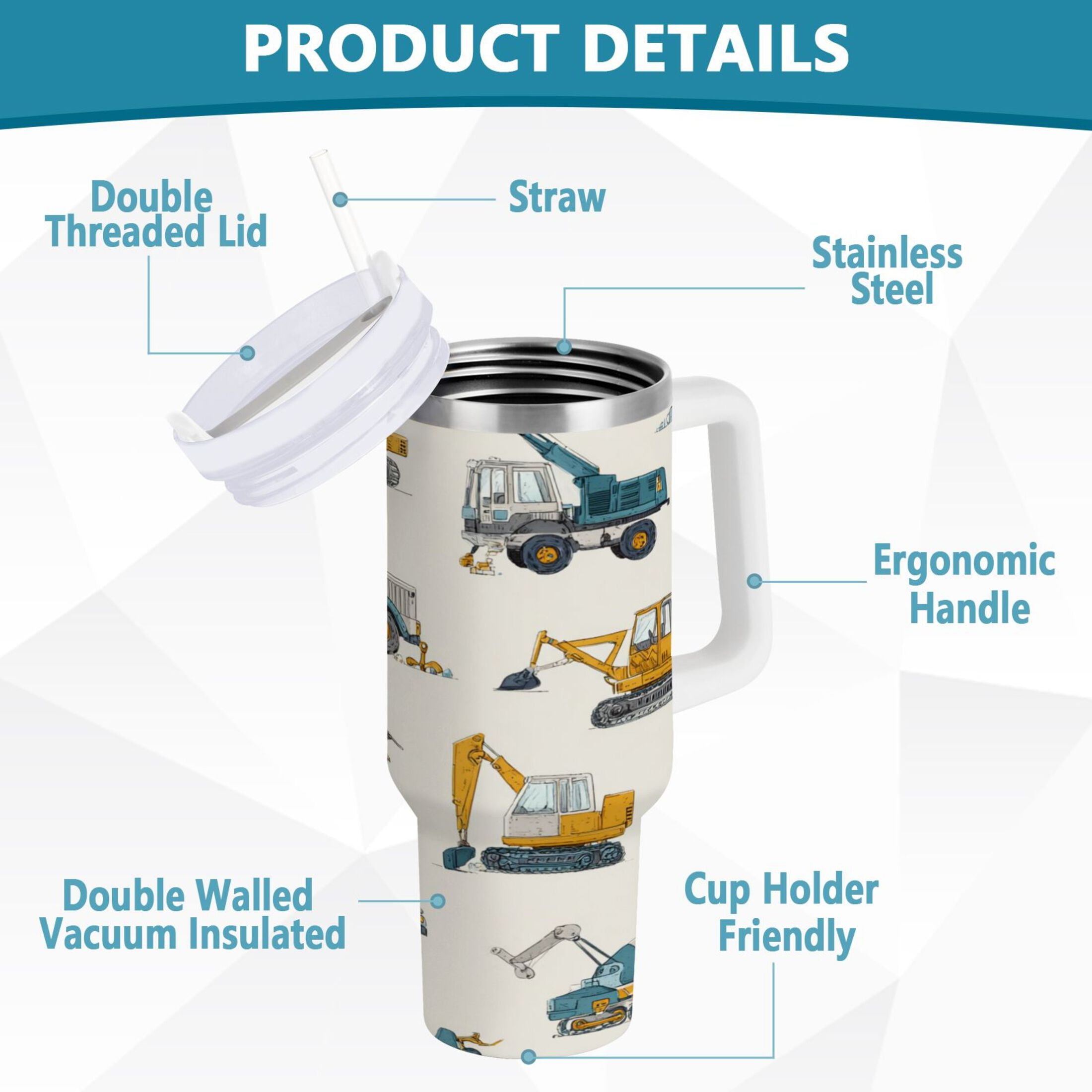 30 oz Insulated Stainless Steel Tumbler Double Wall Stainless Steel Tumbler with 2-Way Drinking Engineering Vehicle Pattern M653U
