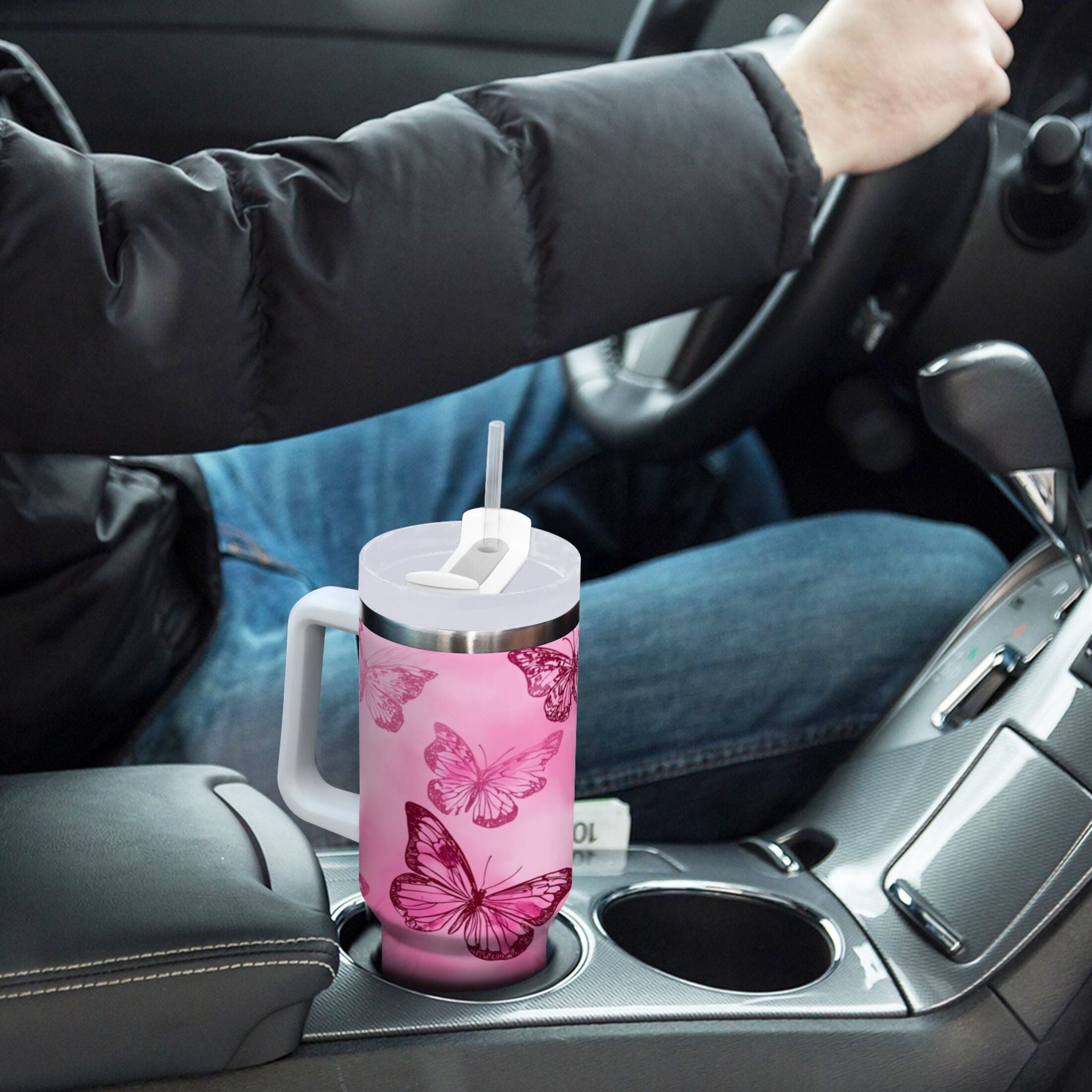 40 oz Insulated Stainless Steel Tumbler Double Wall Stainless Steel Tumbler with 2-Way Drinking Pink Butterfly Pattern M629A